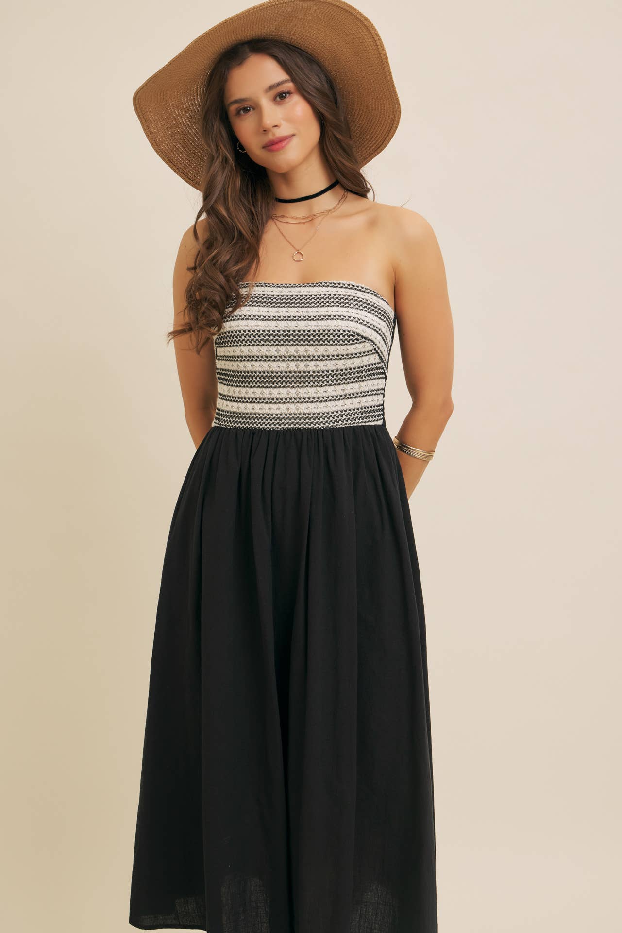 CROCHET CONTRAST TUBE TOP MIDI DRESS WITH POCKETS