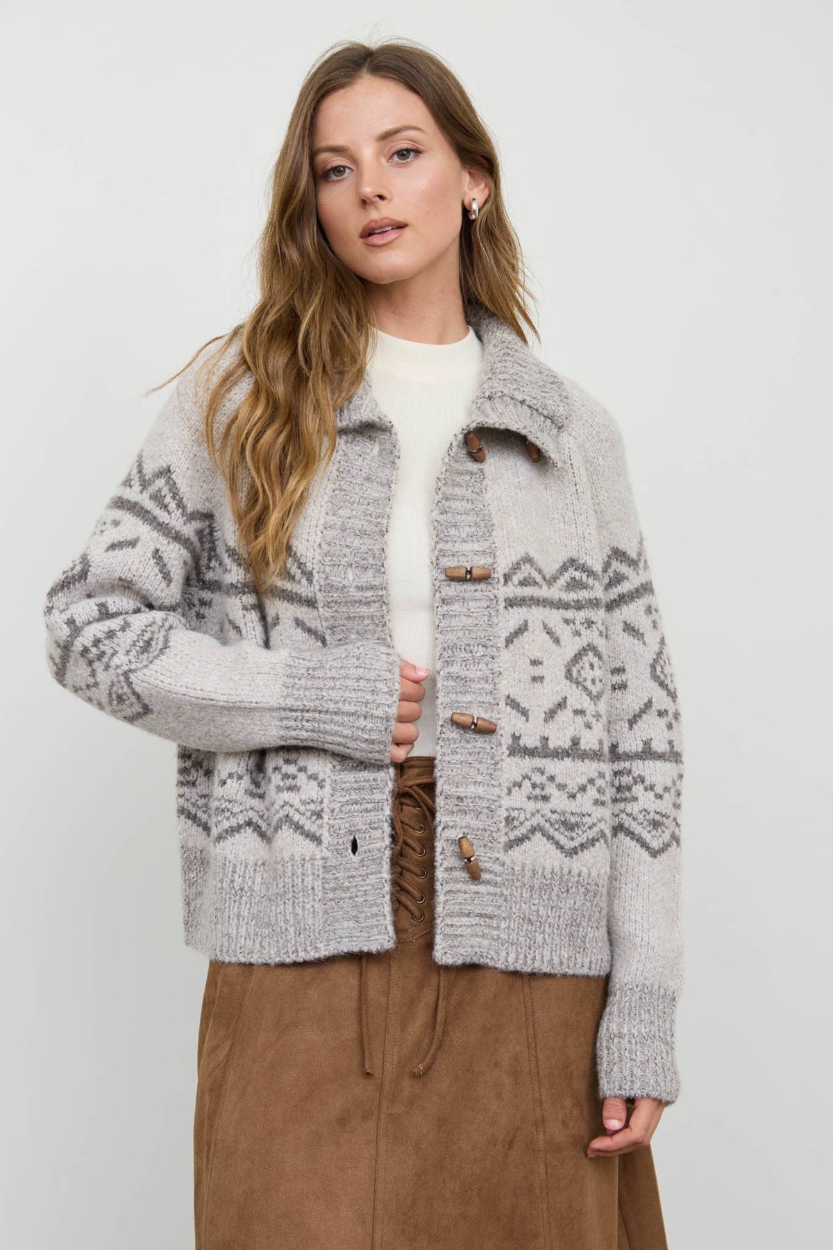 MOCK NECK TOGGLE BUTTON FAIR ISLE KNIT CARDIGAN