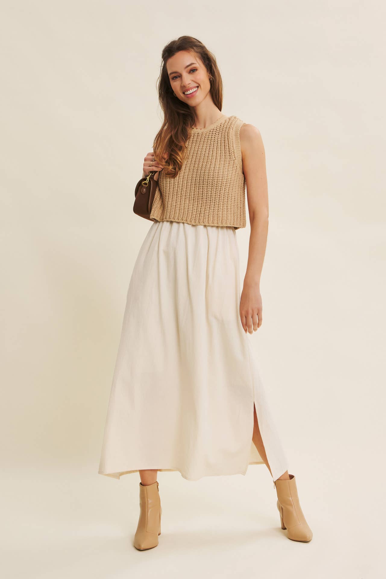CHUNKY SWEATER TWOFER MIDI DRESS WITH POCKETS AND LINING