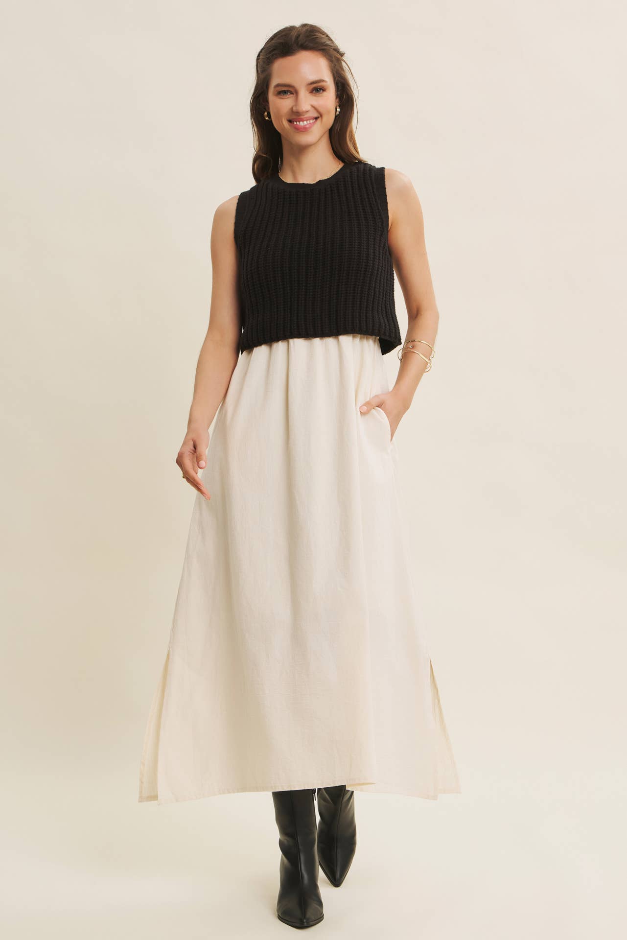 CHUNKY SWEATER TWOFER MIDI DRESS WITH POCKETS AND LINING