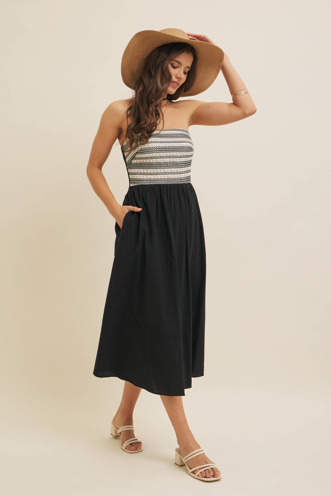 CROCHET CONTRAST TUBE TOP MIDI DRESS WITH POCKETS