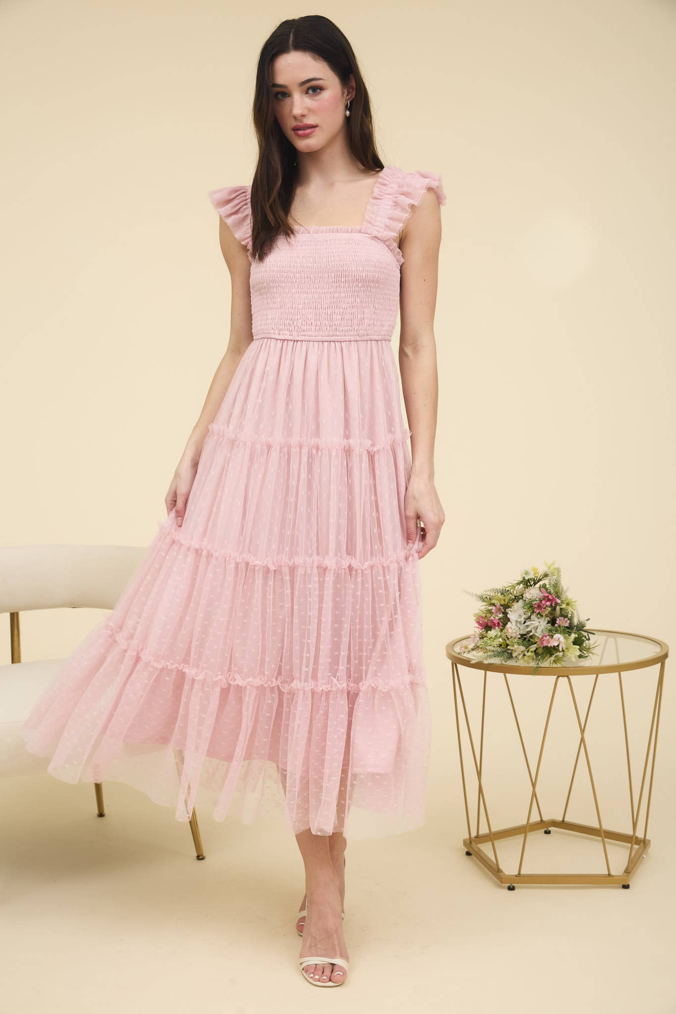 POLKA DOT CHIFFON SMOCKED TIERED MIDI DRESS