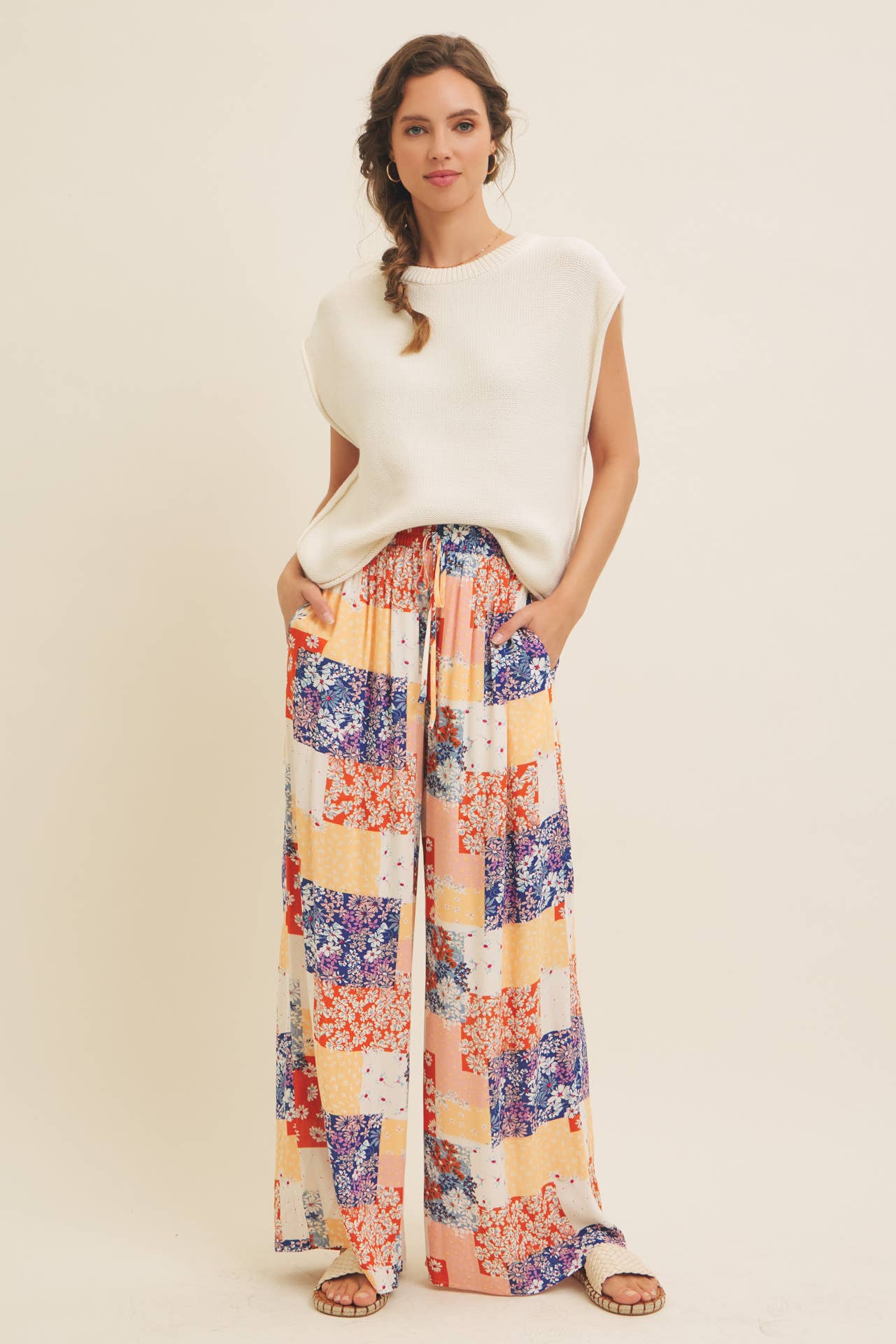 SOFT RAYON GAUZE FLORAL PATCHWORK WIDE LEG PANTS WITH POCKET