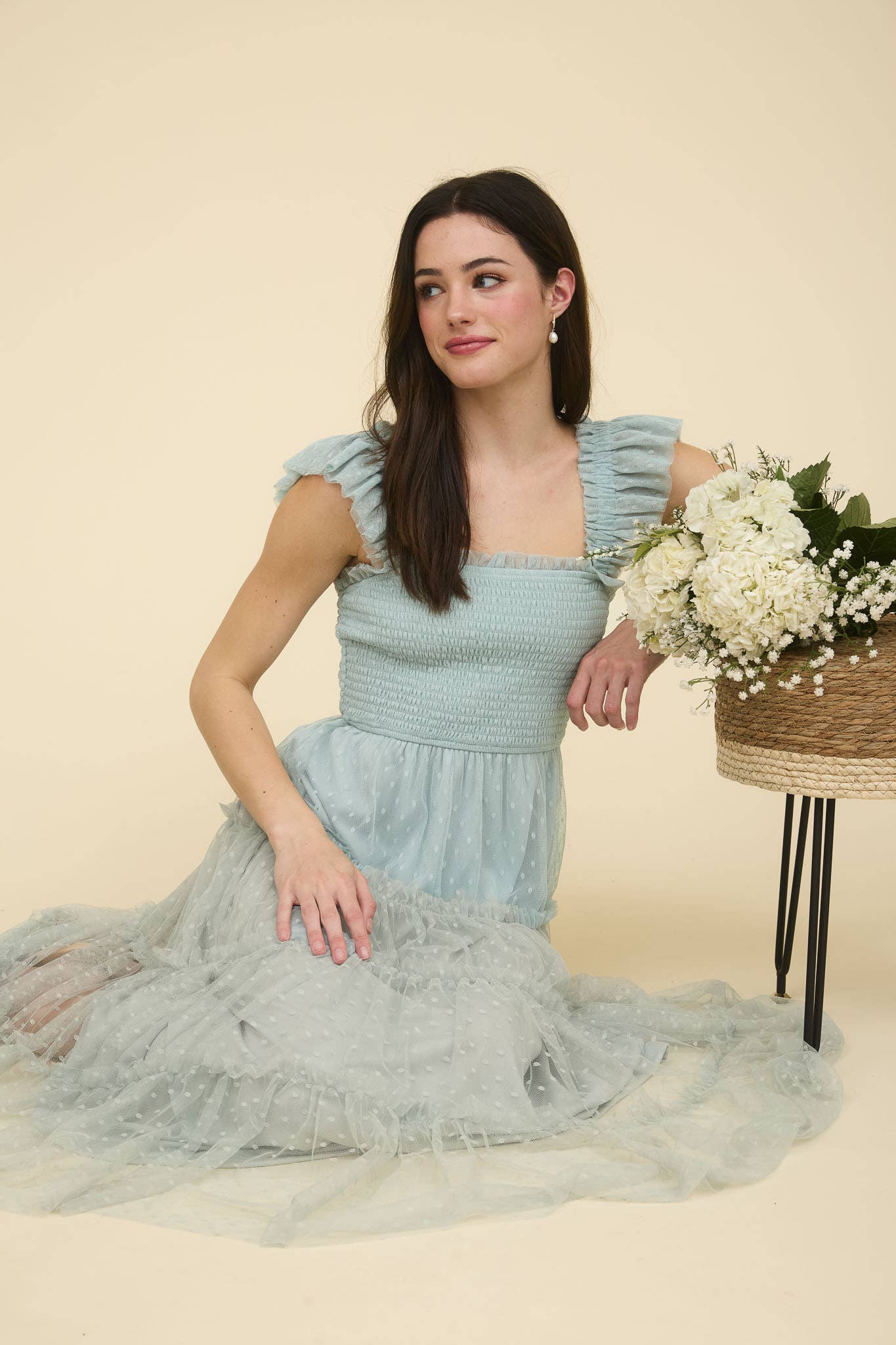 POLKA DOT CHIFFON SMOCKED TIERED MIDI DRESS