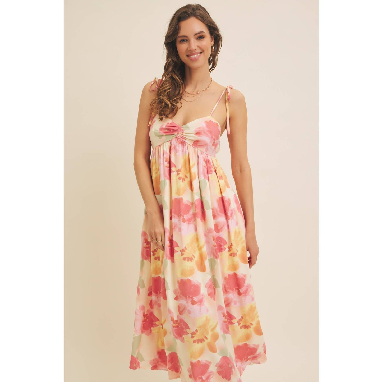 FLORAL PRINT RUCHED MIDI DRESS WITH SHOULDER TIE