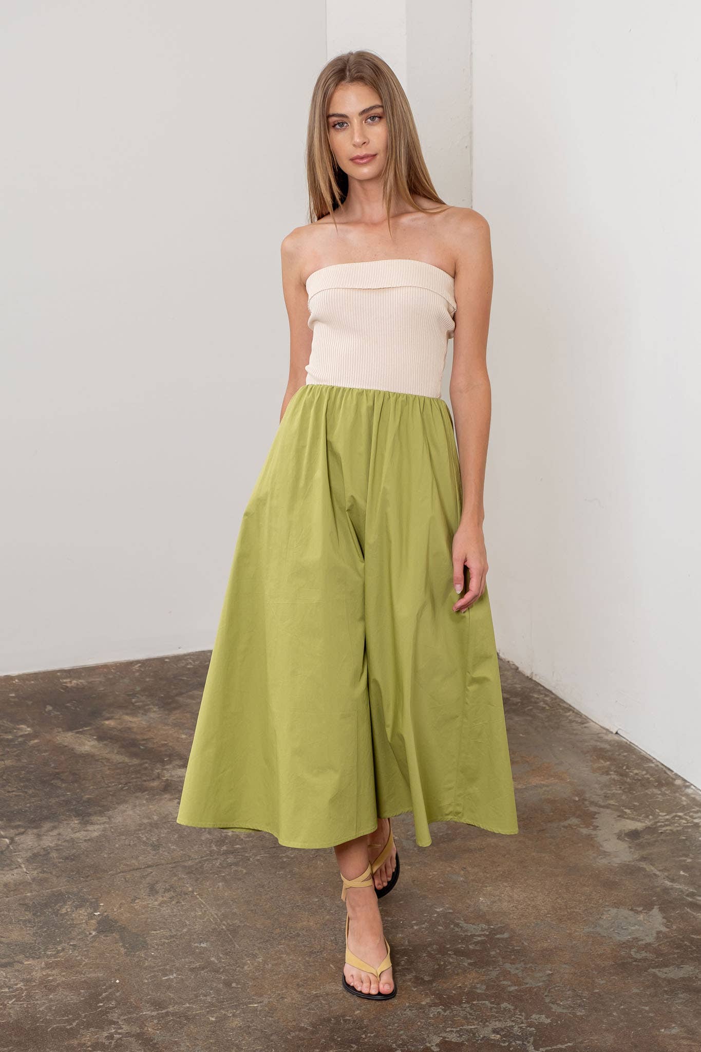 FOLD OVER STRAPLESS MIX MEDIA MIDI DRESS