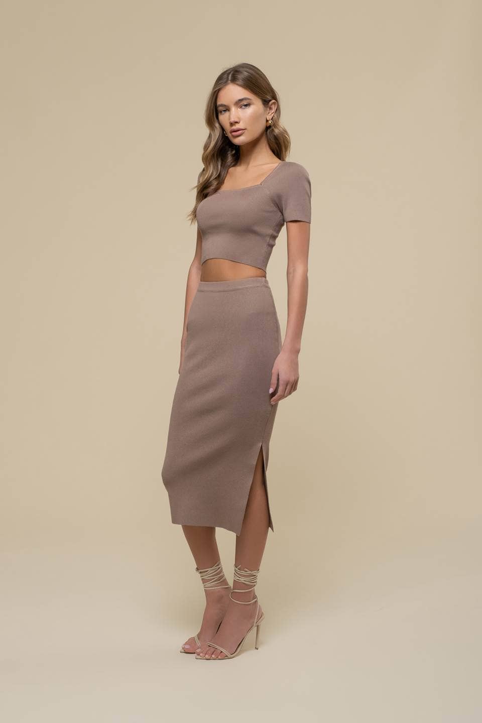 HIGH WAIST SIDE SLIT SWEATER KNIT MIDI SKIRT CROP TOP SET