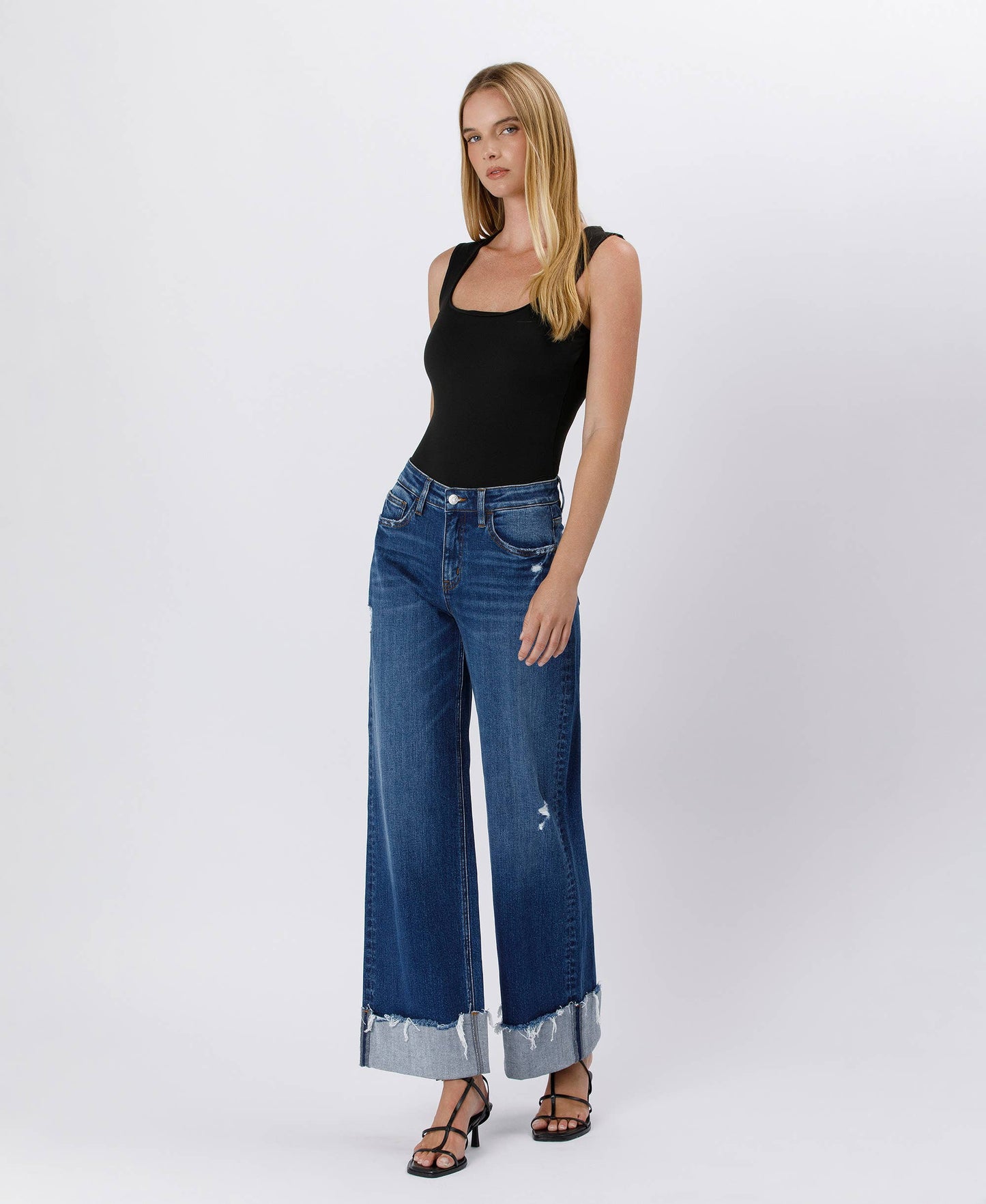 HIGH RISE CUFFED BAGGY WIDE JEANS