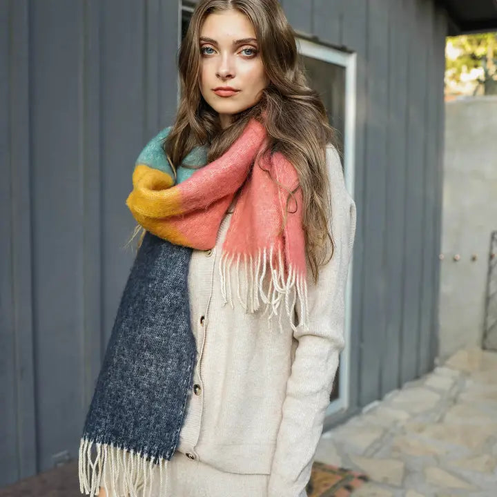 Winter Color Block Faux Mohair Scarf