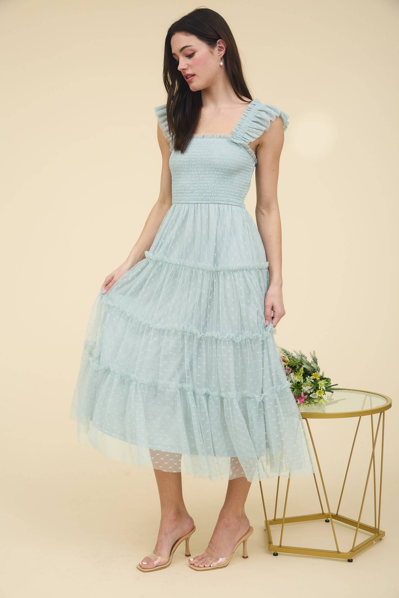 POLKA DOT CHIFFON SMOCKED TIERED MIDI DRESS