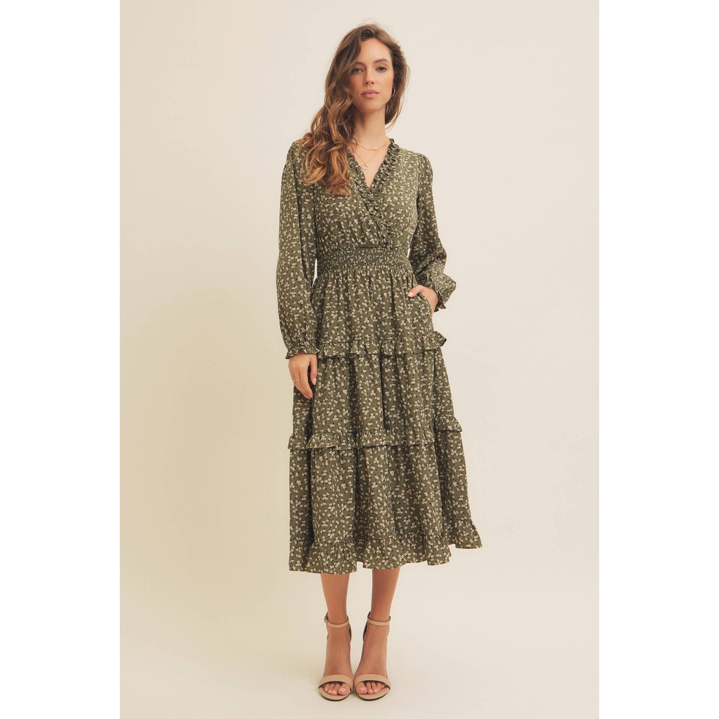 DITSY FLORAL RUFFLE SURPLICE MIDI DRESS WITH POCKETS