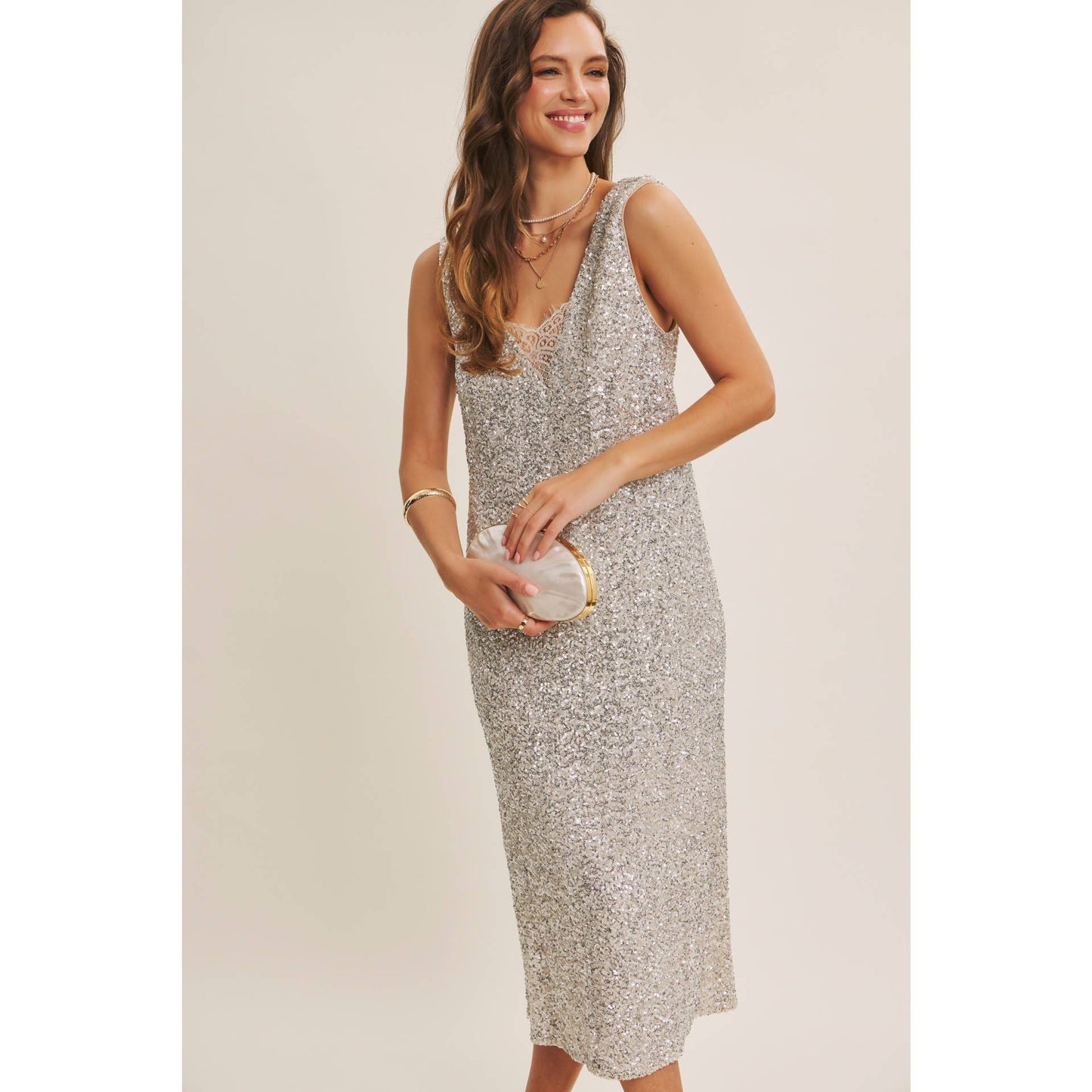 SHIMMERING CHAMPAGNE SEQUIN LACE-INSERT MIDI DRESS