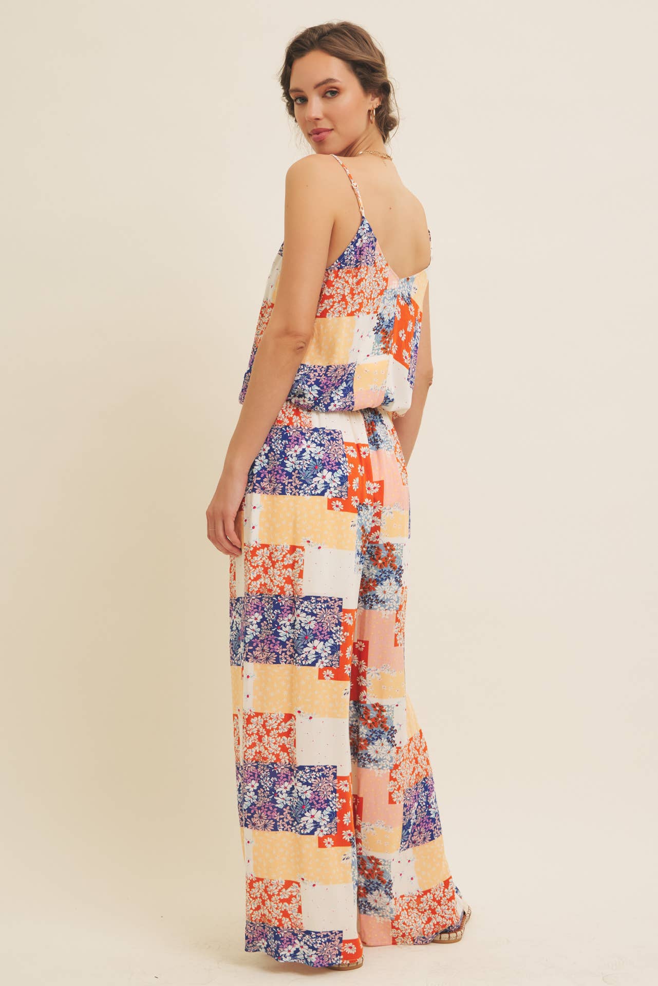 SOFT RAYON GAUZE FLORAL PATCHWORK WIDE LEG PANTS WITH POCKET