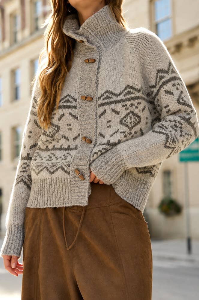 MOCK NECK TOGGLE BUTTON FAIR ISLE KNIT CARDIGAN