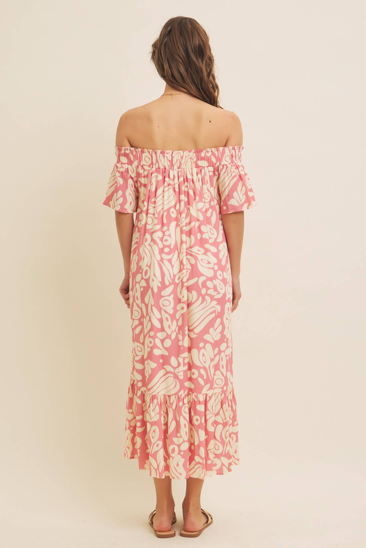 OFF THE SHOULDER FLARE PRINTED MIDI DRESS WITH POCKETS