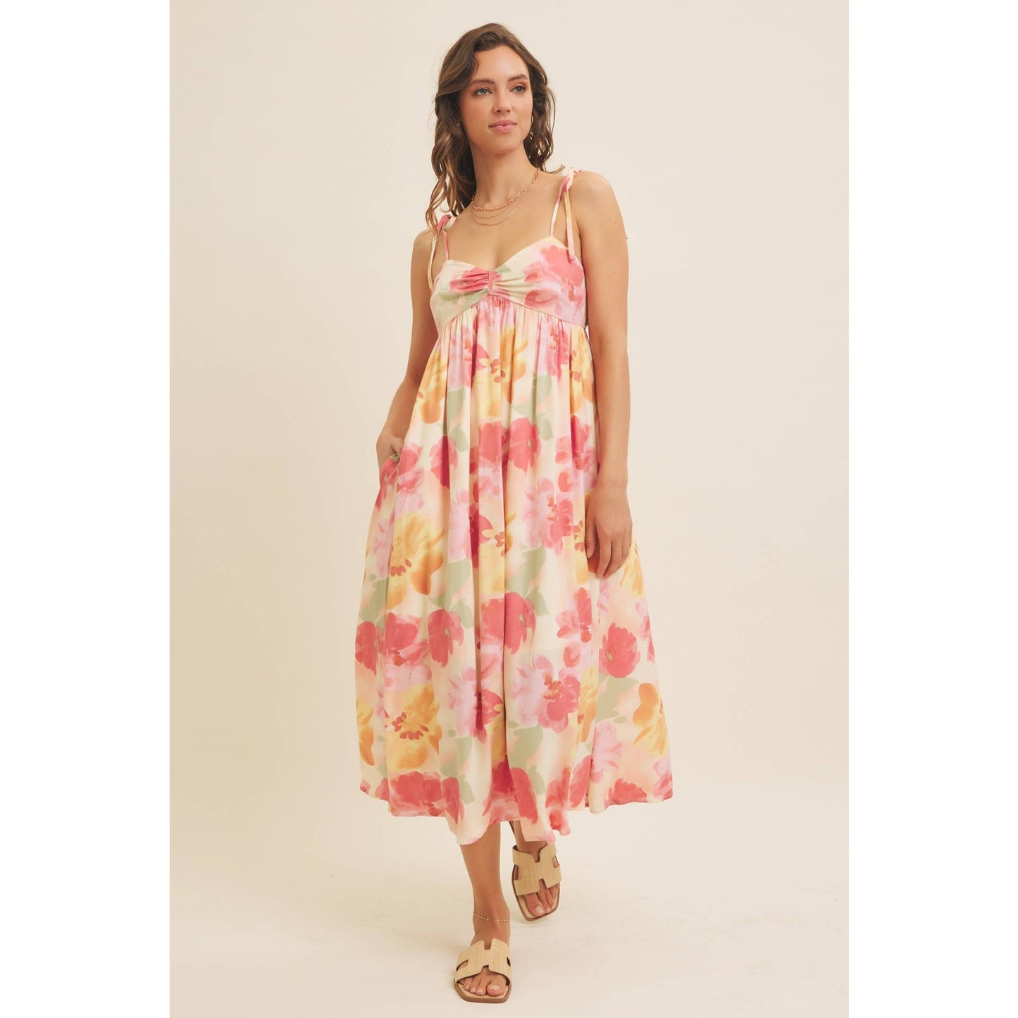 FLORAL PRINT RUCHED MIDI DRESS WITH SHOULDER TIE