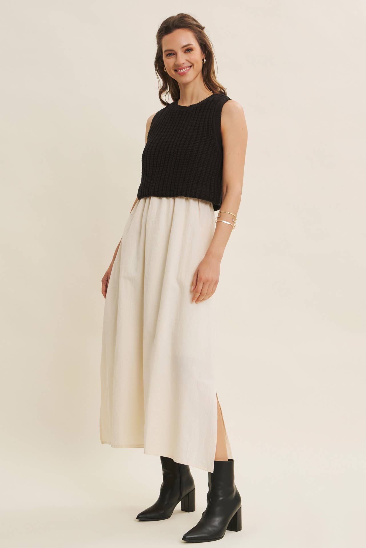 CHUNKY SWEATER TWOFER MIDI DRESS WITH POCKETS AND LINING