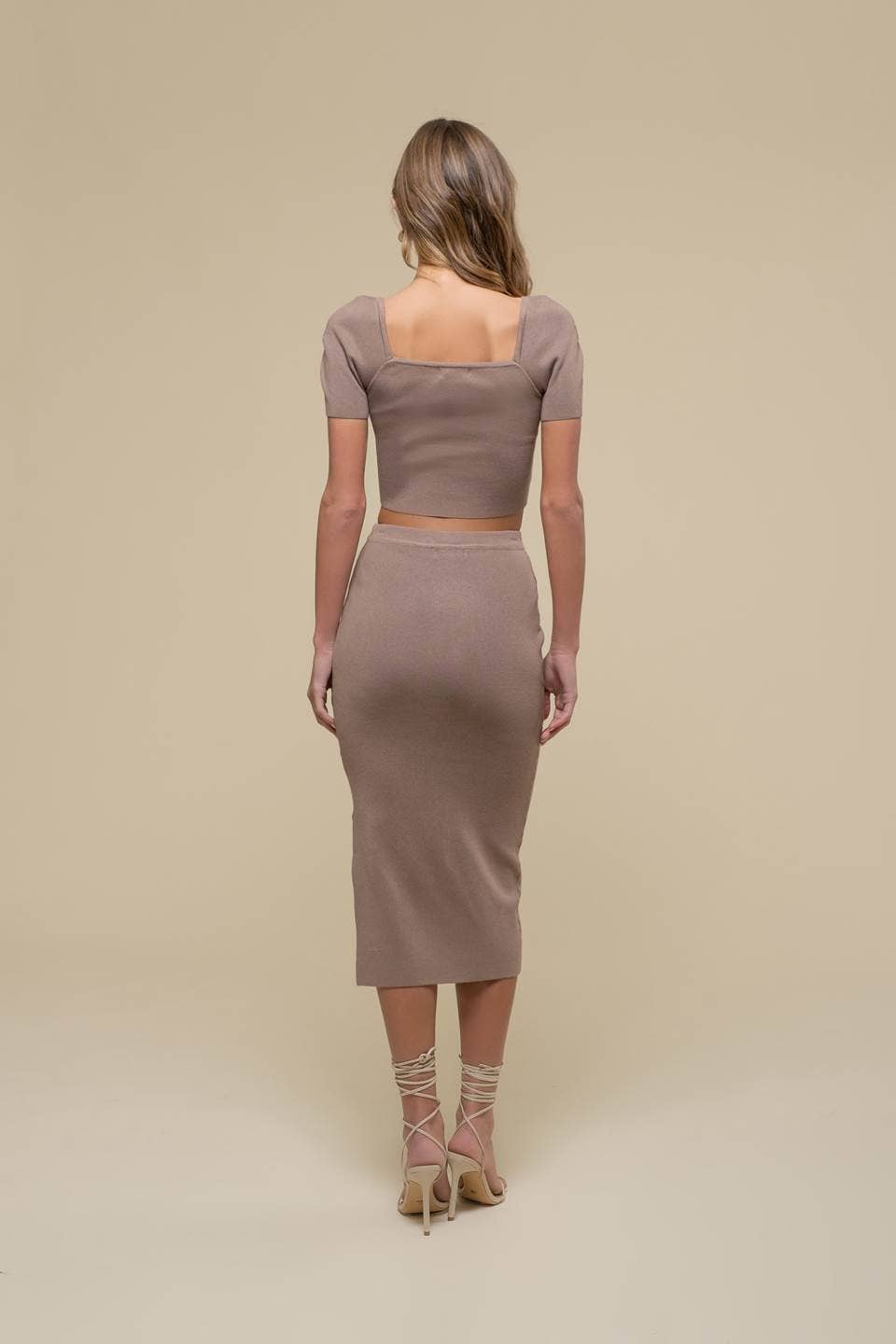 HIGH WAIST SIDE SLIT SWEATER KNIT MIDI SKIRT & CROP TOP SET