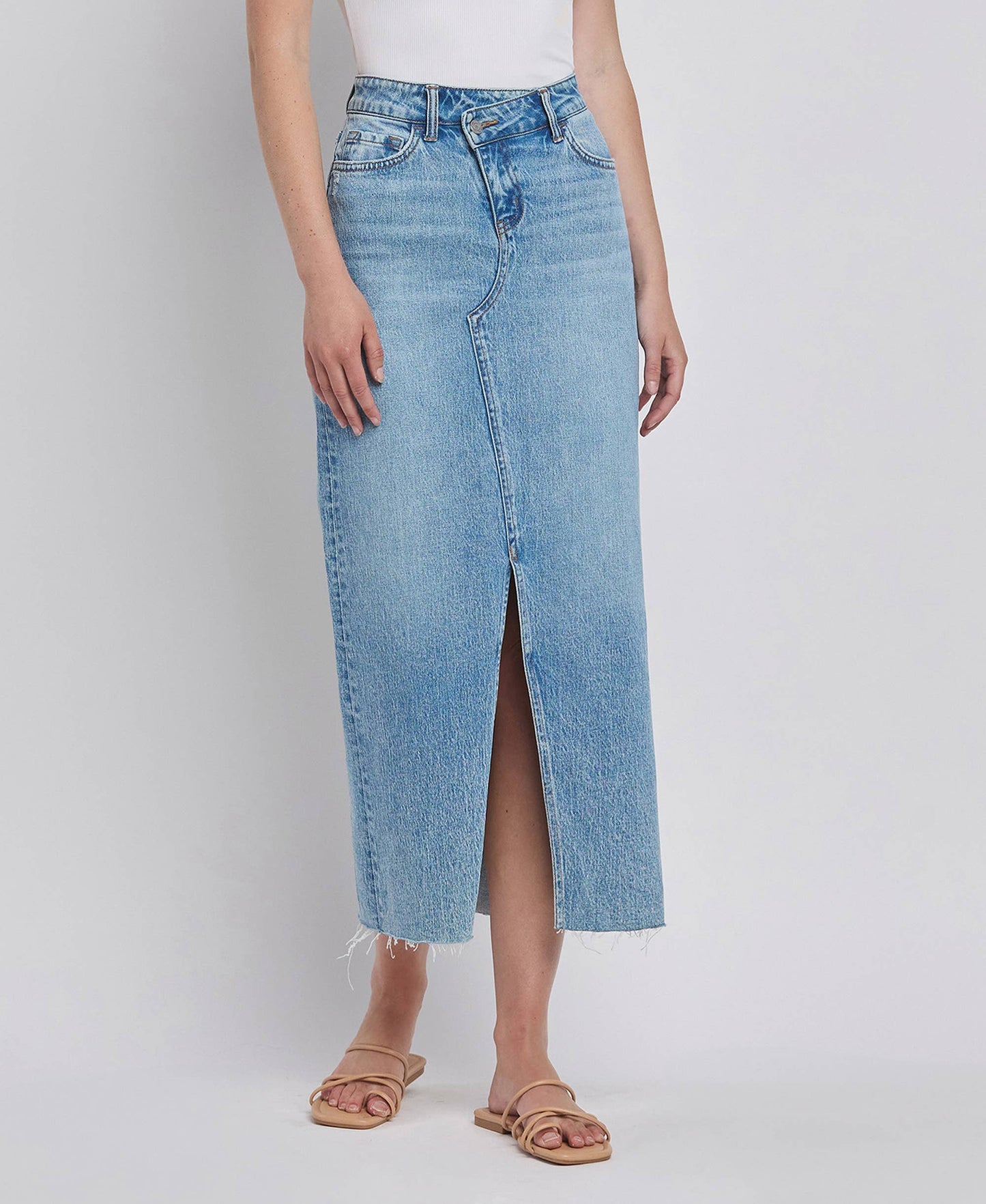 CRISS CROSS FRONT SLIT MAXI DENIM SKIRT