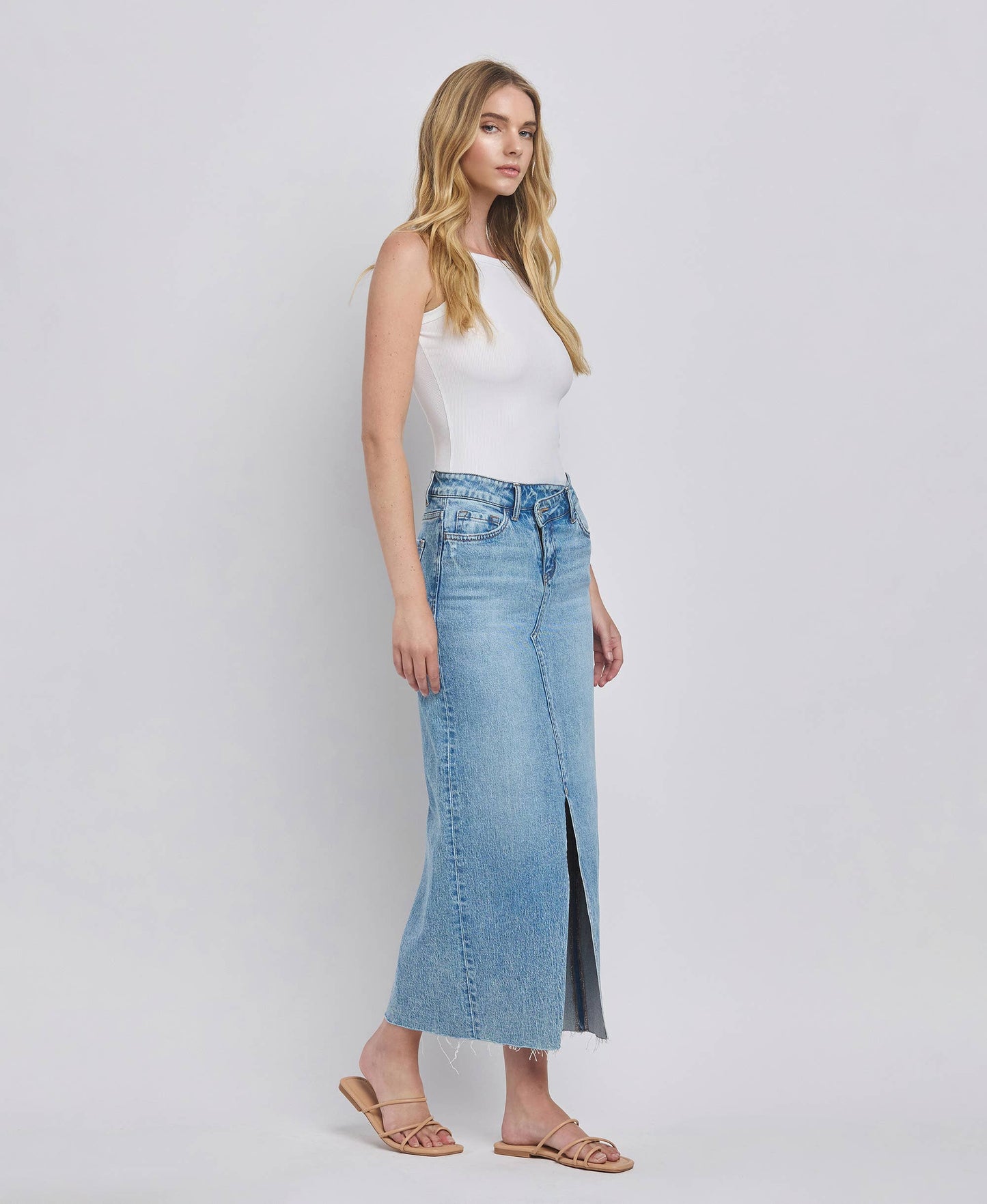 CRISS CROSS FRONT SLIT MAXI DENIM SKIRT
