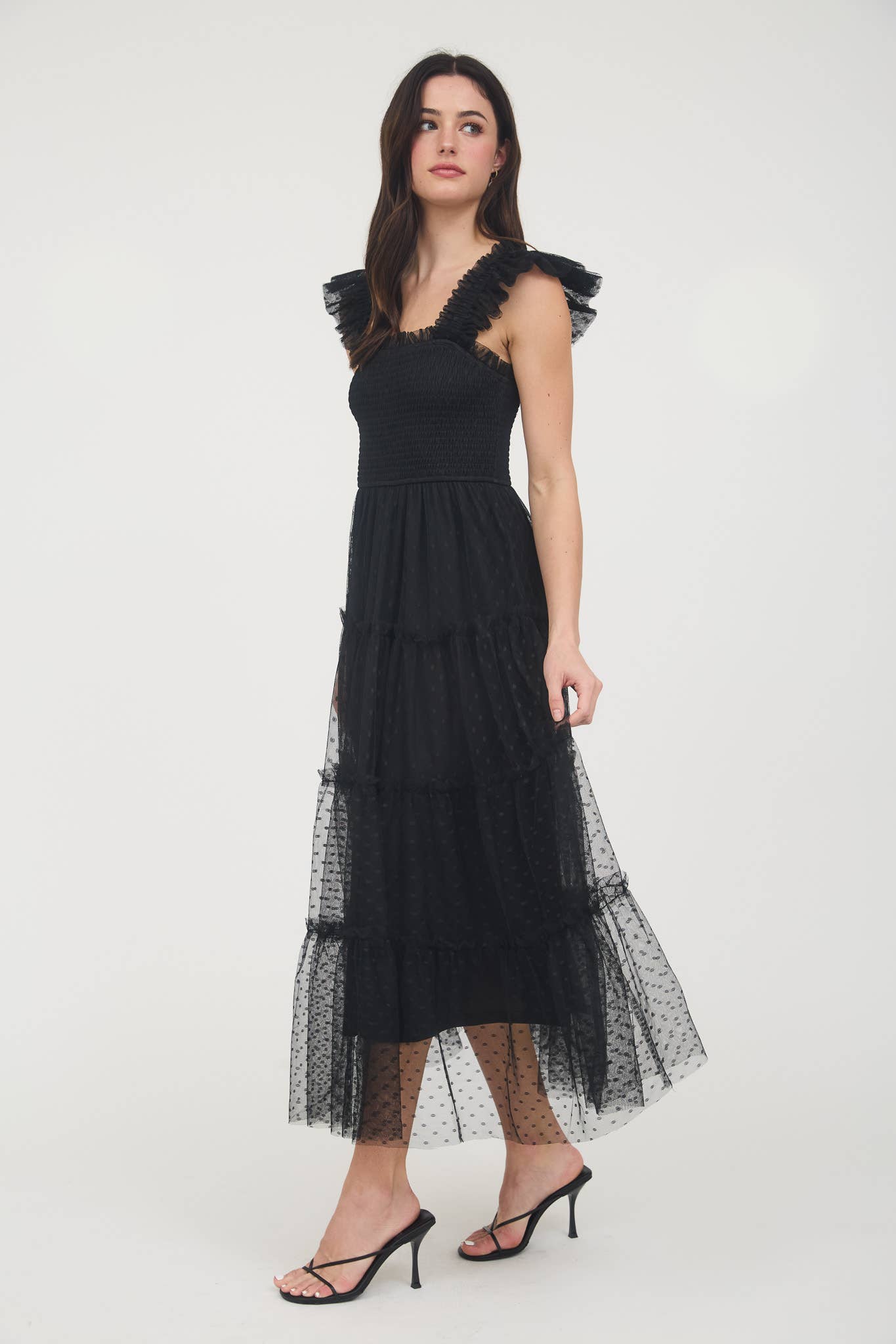 POLKA DOT CHIFFON SMOCKED TIERED MIDI DRESS