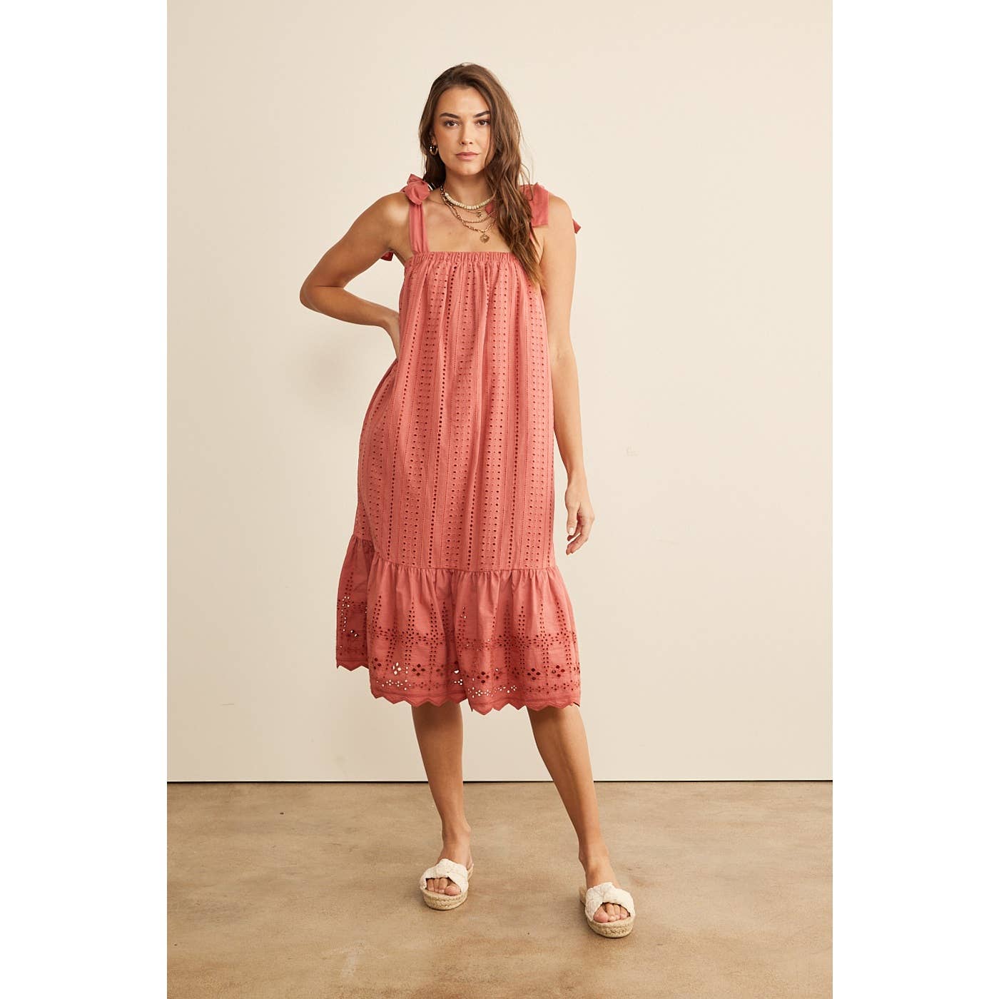 SHOULDER TIE RUFFLE HEM EYELET SHIFT MIDI DRESS  Rosedale Street