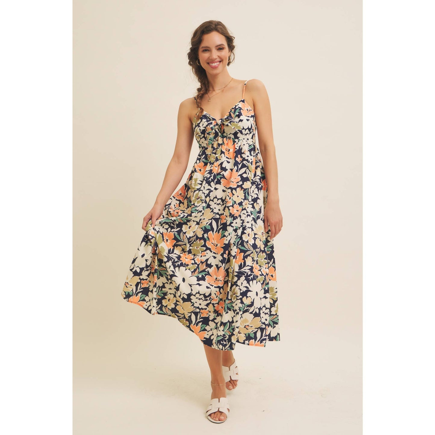 FLORAL PRINT FRONT TIE CAMI MIDI DRESS