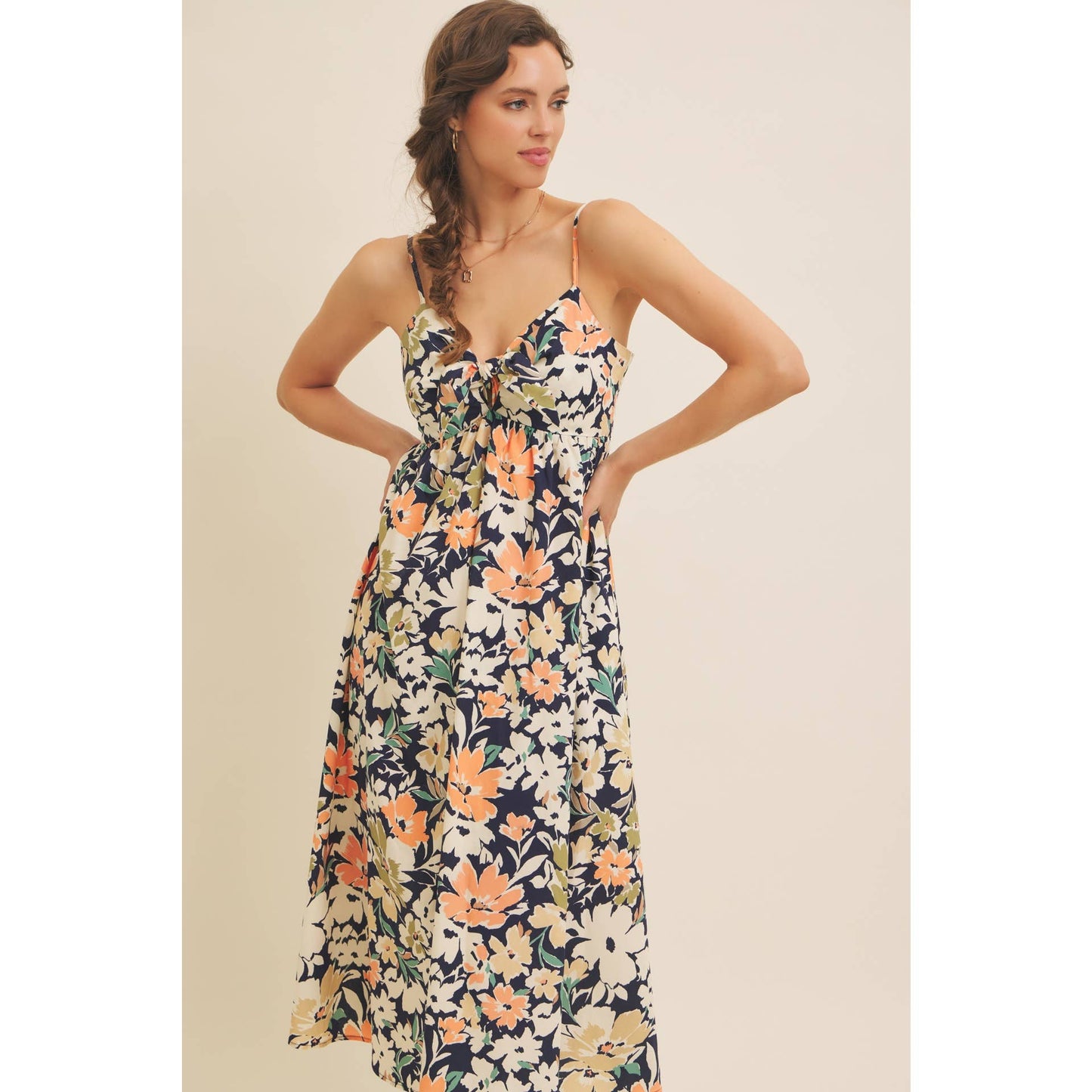 FLORAL PRINT FRONT TIE CAMI MIDI DRESS