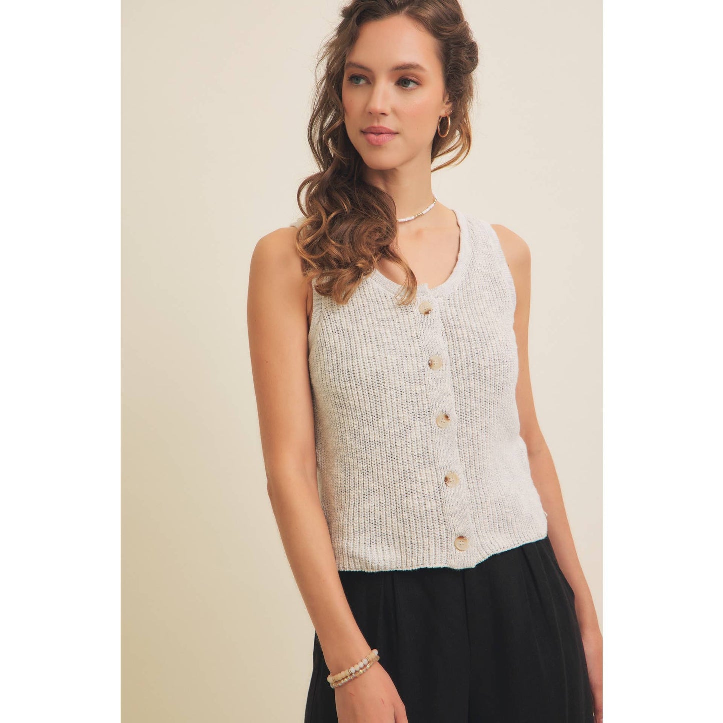 RIB SWEATER KNIT TANK TOP WITH BUTTON-DOWN FRONT