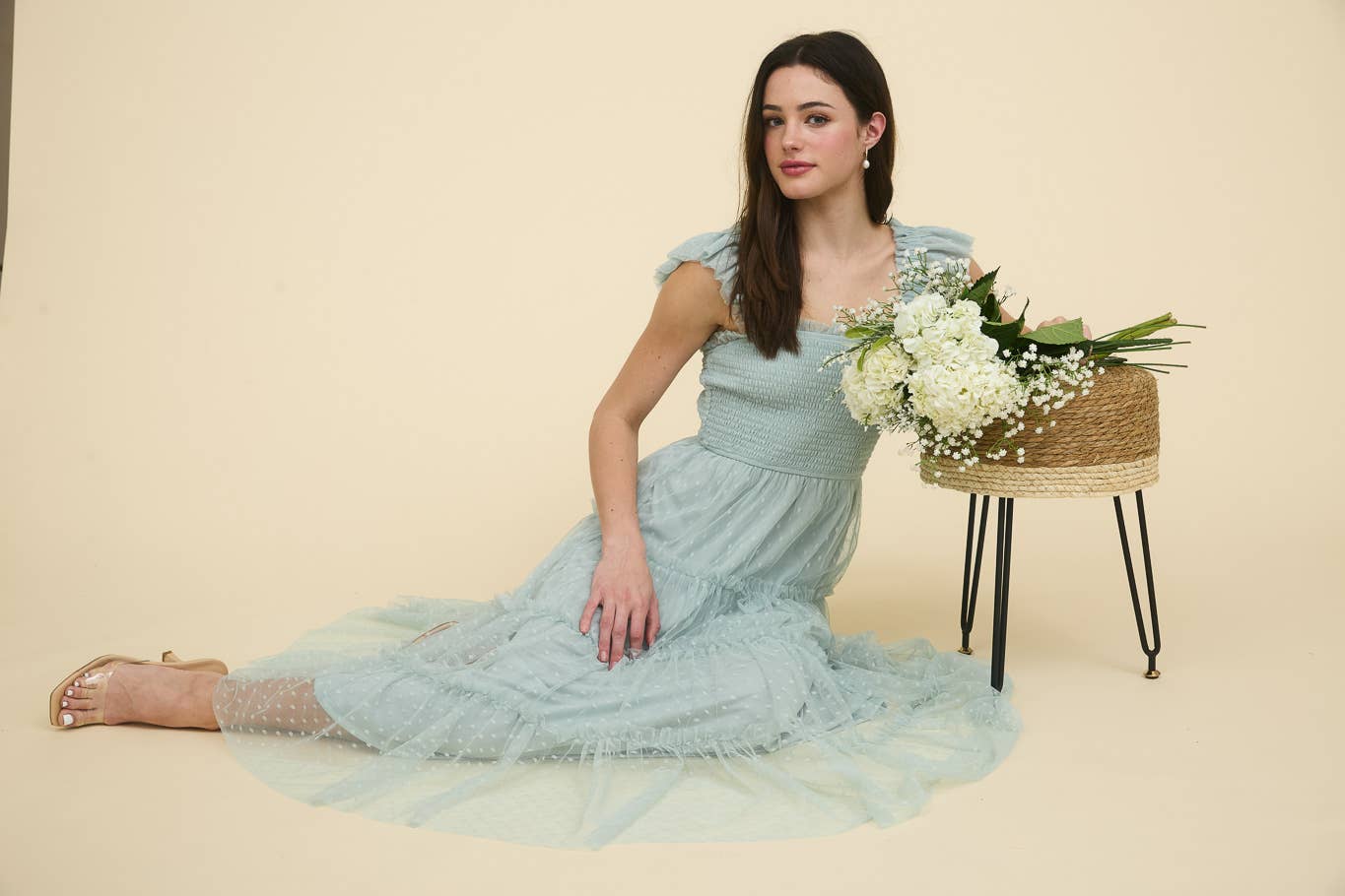 POLKA DOT CHIFFON SMOCKED TIERED MIDI DRESS