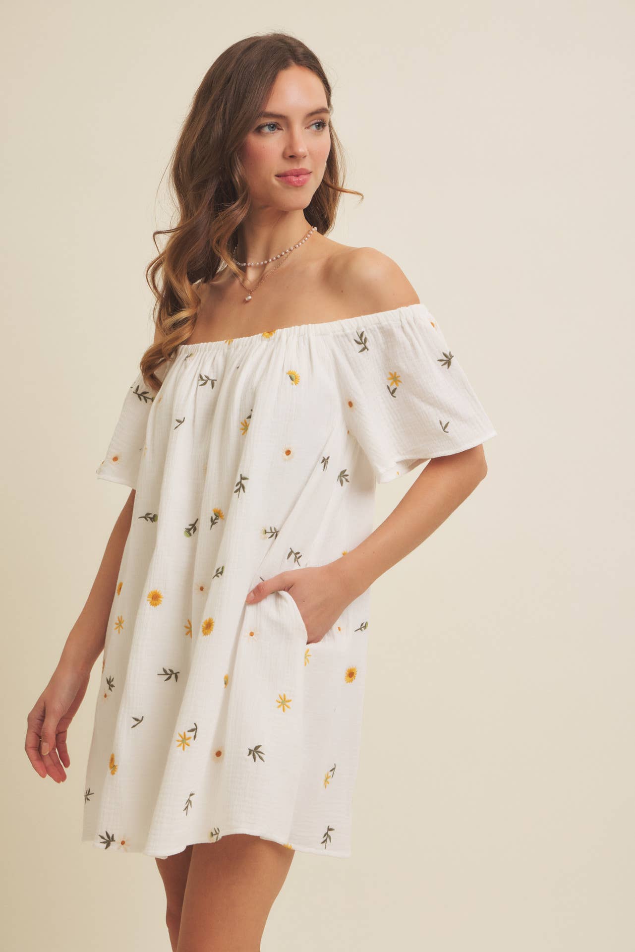 OFF-SHOULDER EMBROIDERY COTTON GAUZE MINI DRESS WITH POCKETS