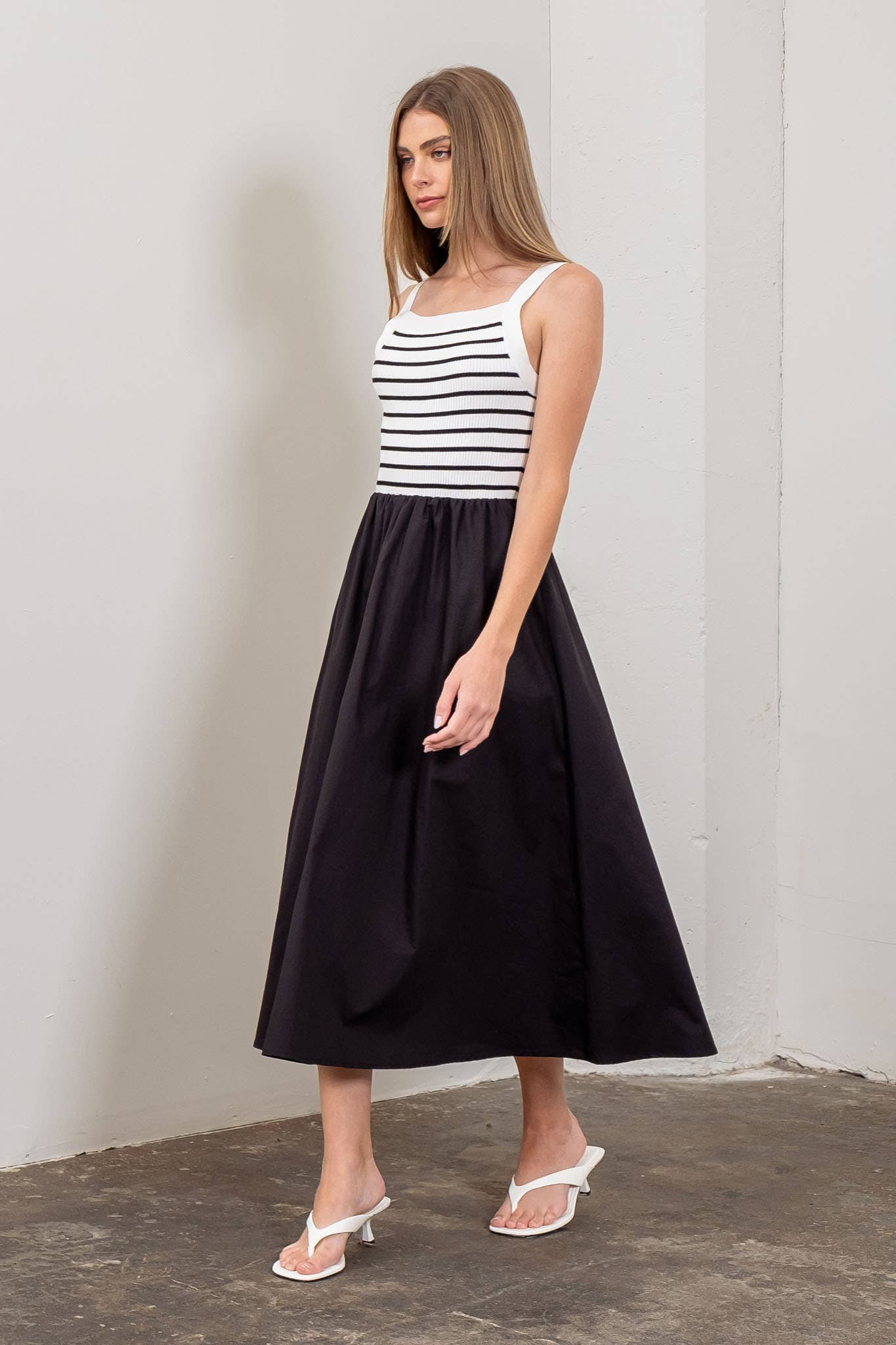 SQUARE NECK SWEATER KNIT MIX MEDIA MIDI DRESS