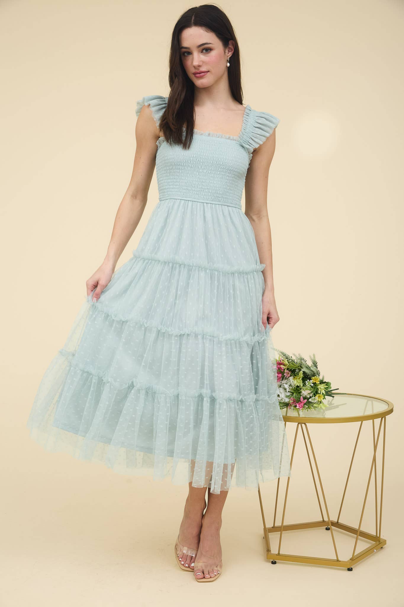 POLKA DOT CHIFFON SMOCKED TIERED MIDI DRESS