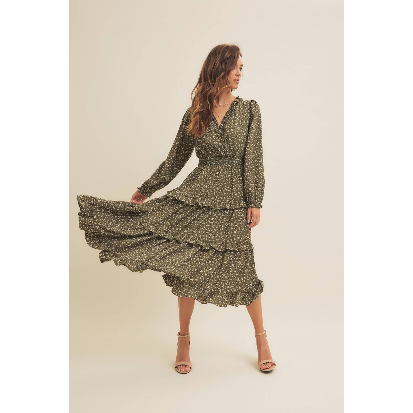 DITSY FLORAL RUFFLE SURPLICE MIDI DRESS WITH POCKETS