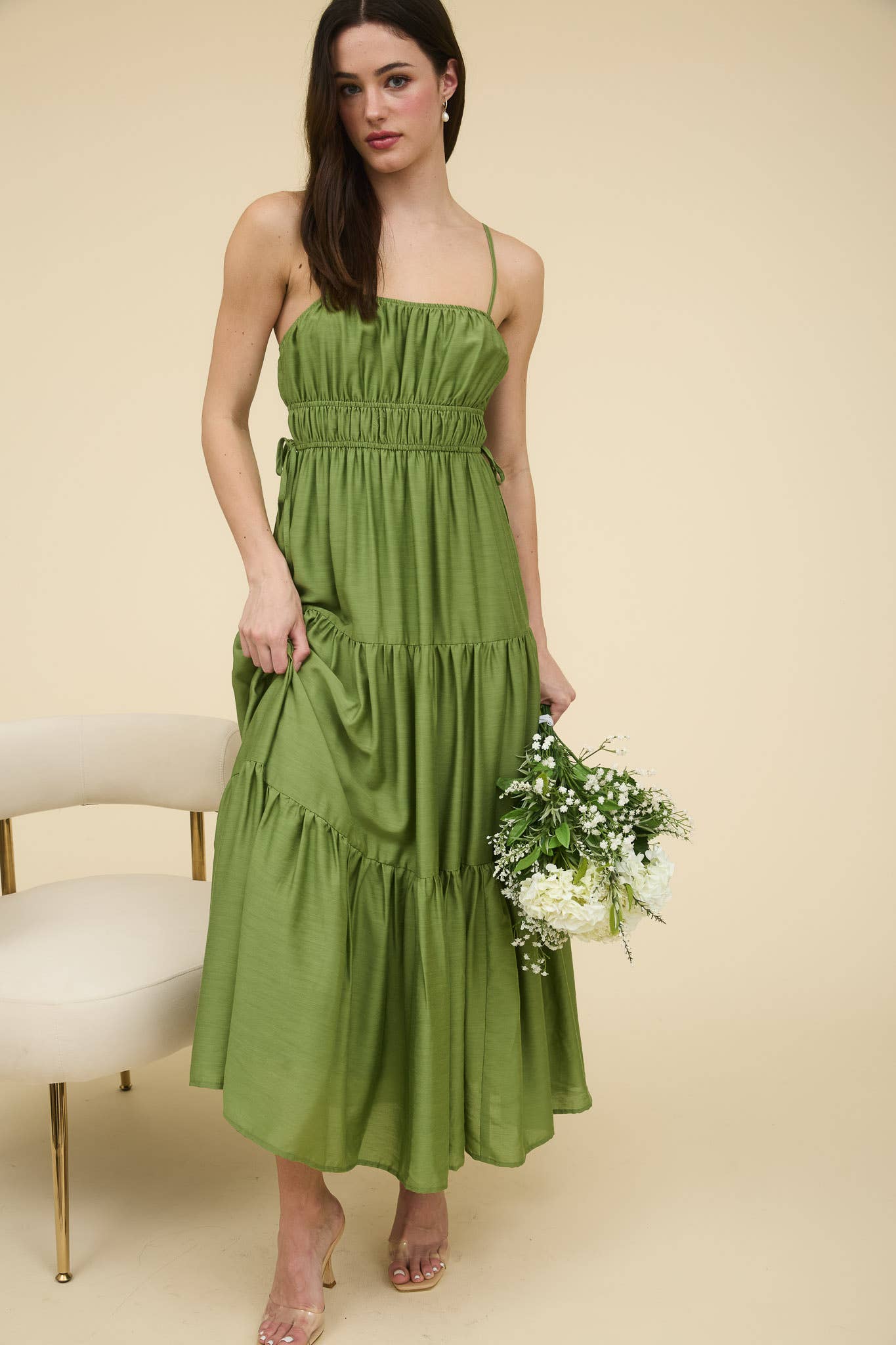 WAIST TIE SHIRRED TIERED MIDI DRESS