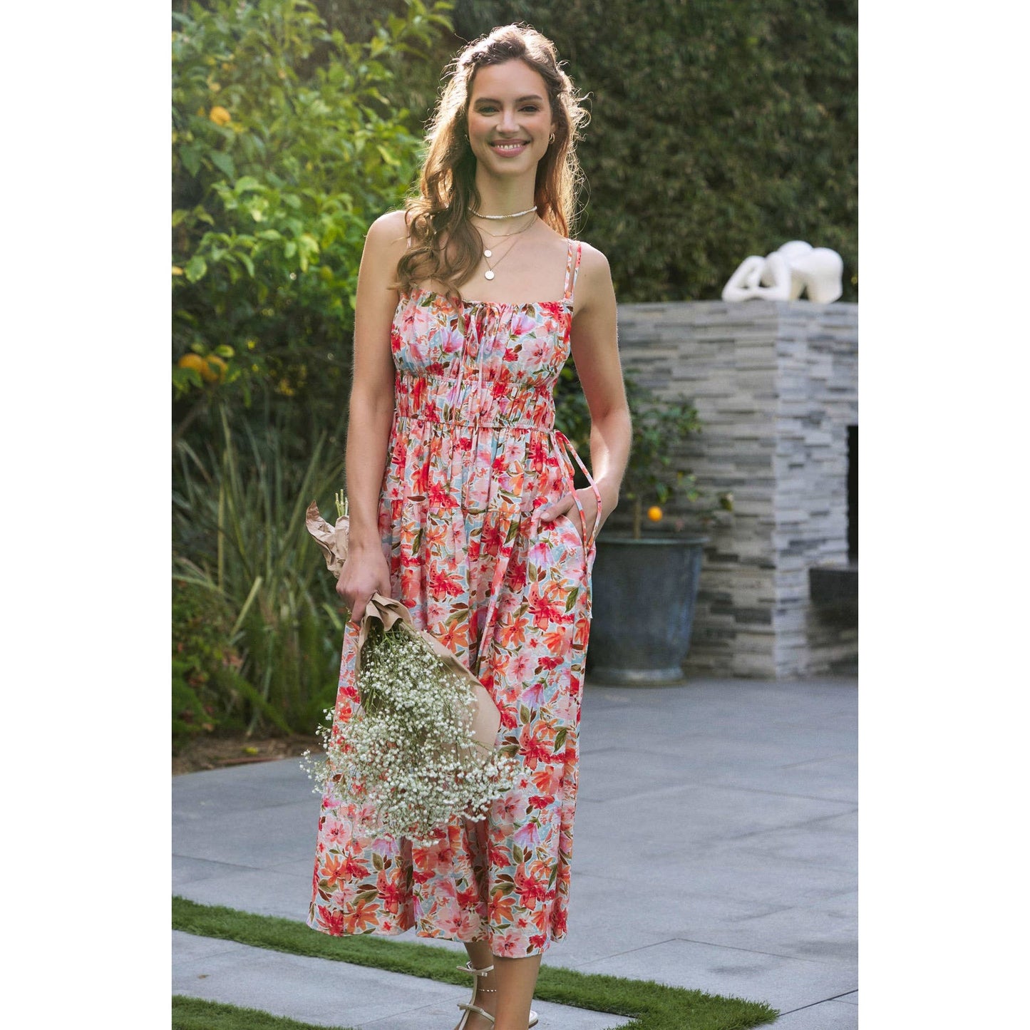 VIBRANT FLORAL PRINT RUCHING CAMI MIDI DRESS