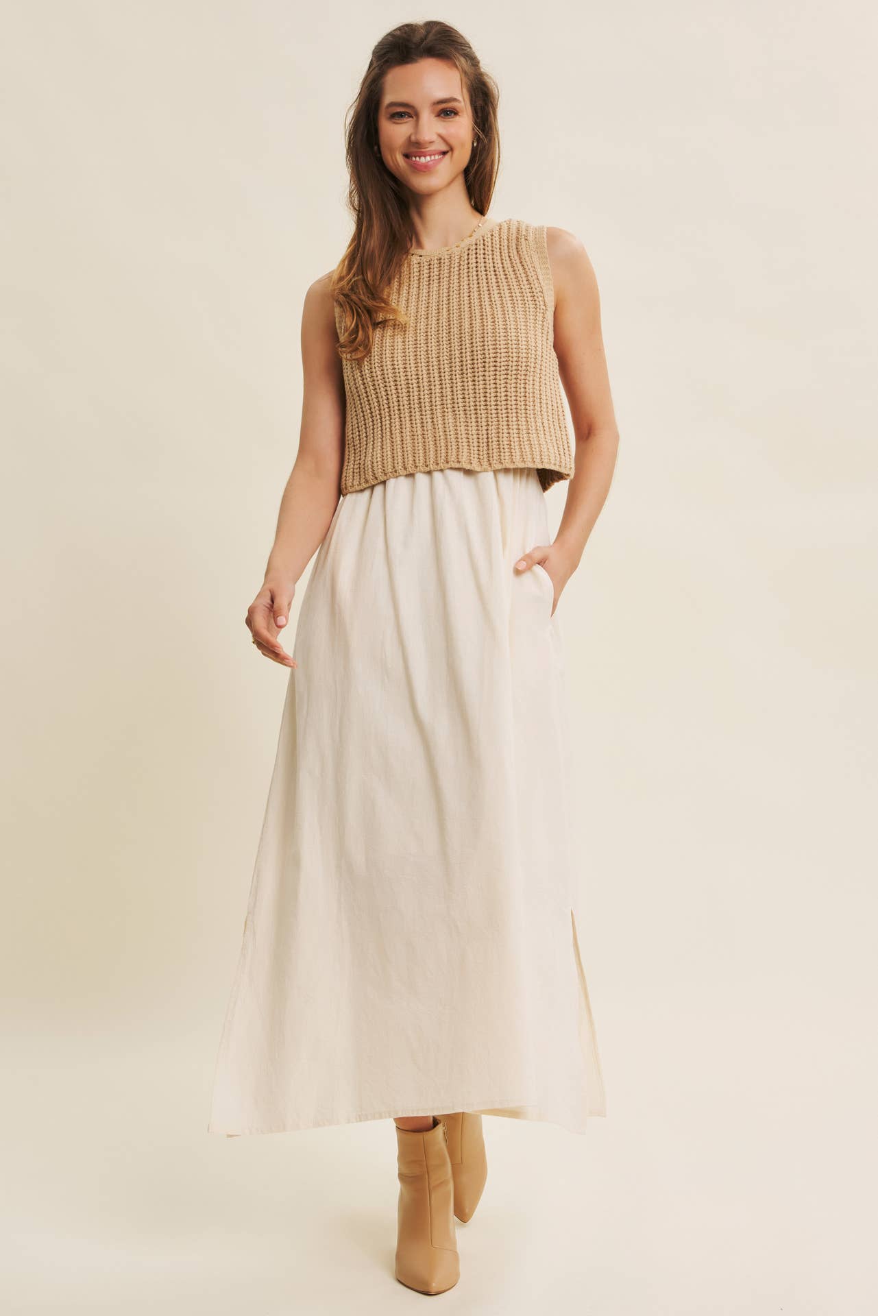 CHUNKY SWEATER TWOFER MIDI DRESS WITH POCKETS AND LINING