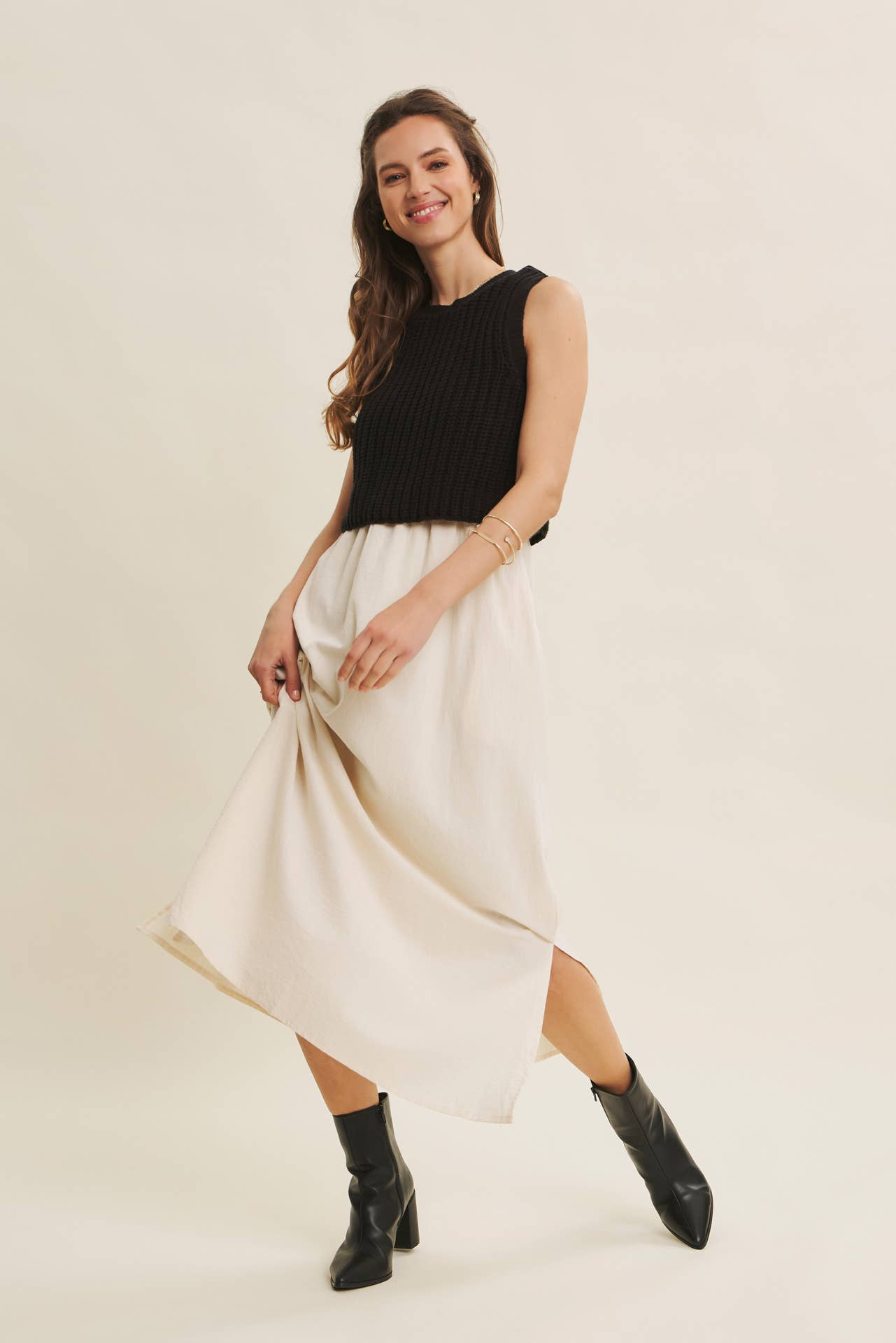 CHUNKY SWEATER TWOFER MIDI DRESS WITH POCKETS AND LINING