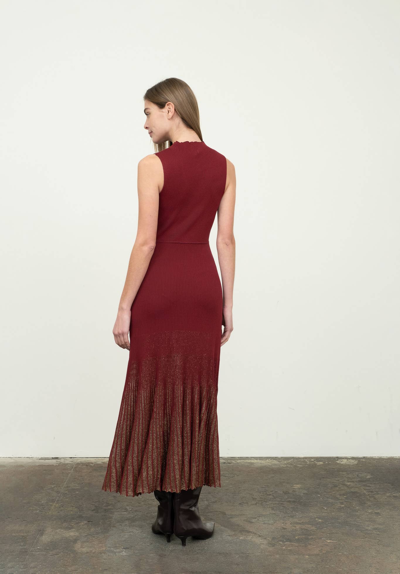 MOCK NECK SHIMMER PLEATED HEM MIDI SWEATER DRESS