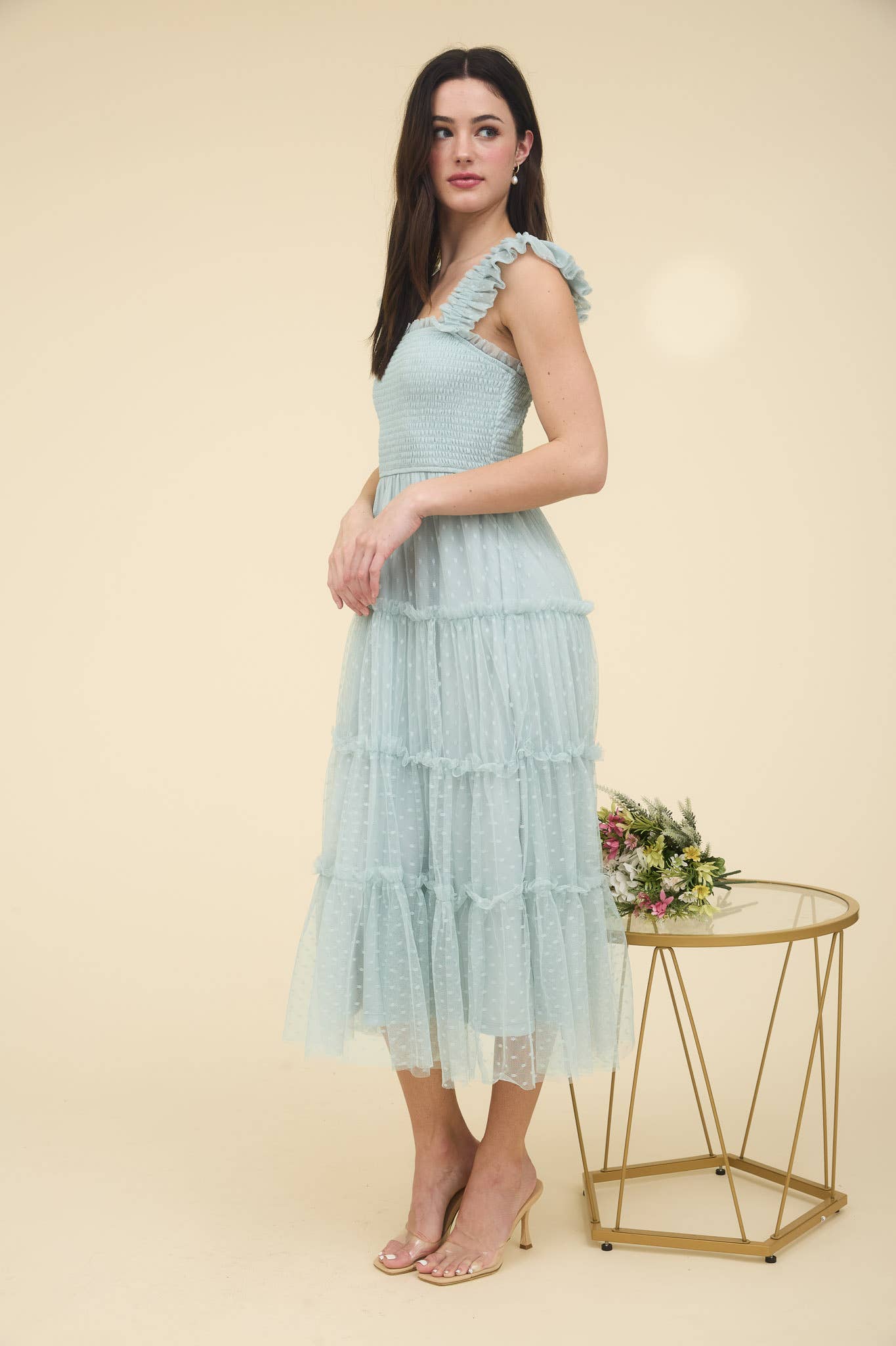 POLKA DOT CHIFFON SMOCKED TIERED MIDI DRESS