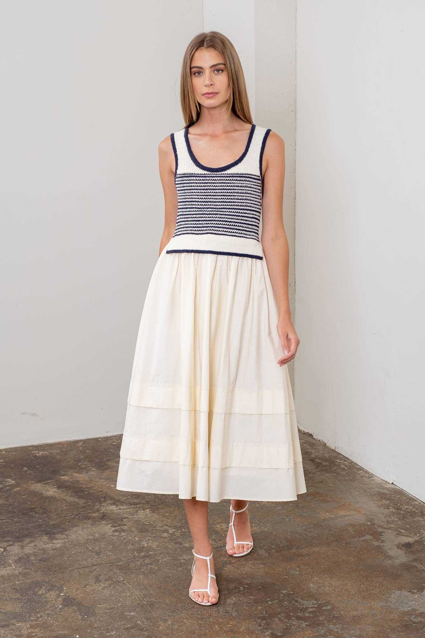 STRIPE KNIT TOP MIX MEDIA MIDI DRESS