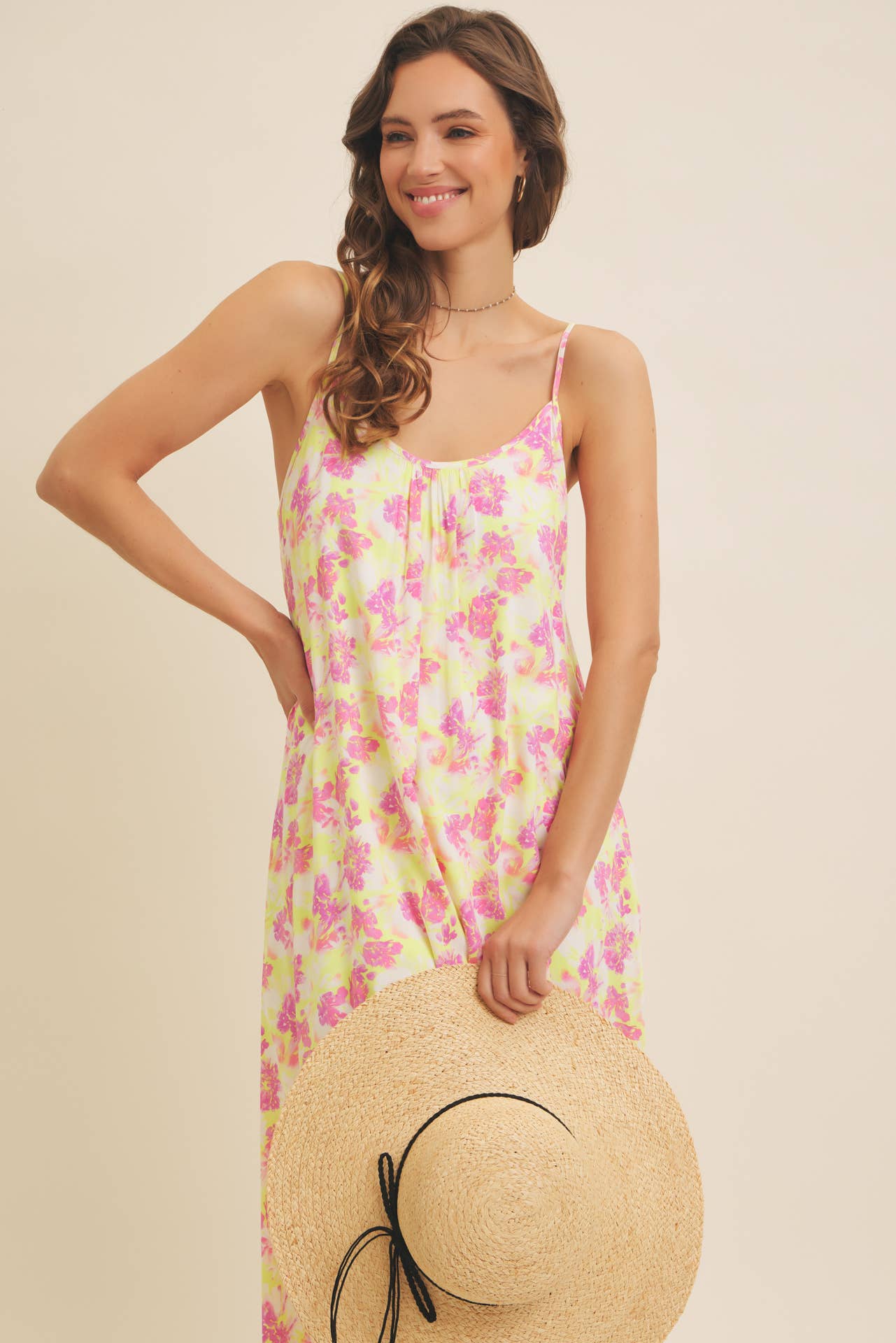 LOOSE FIT FLORAL PRINTED CAMI MAXI DRESS WITH SIDE POCKETS