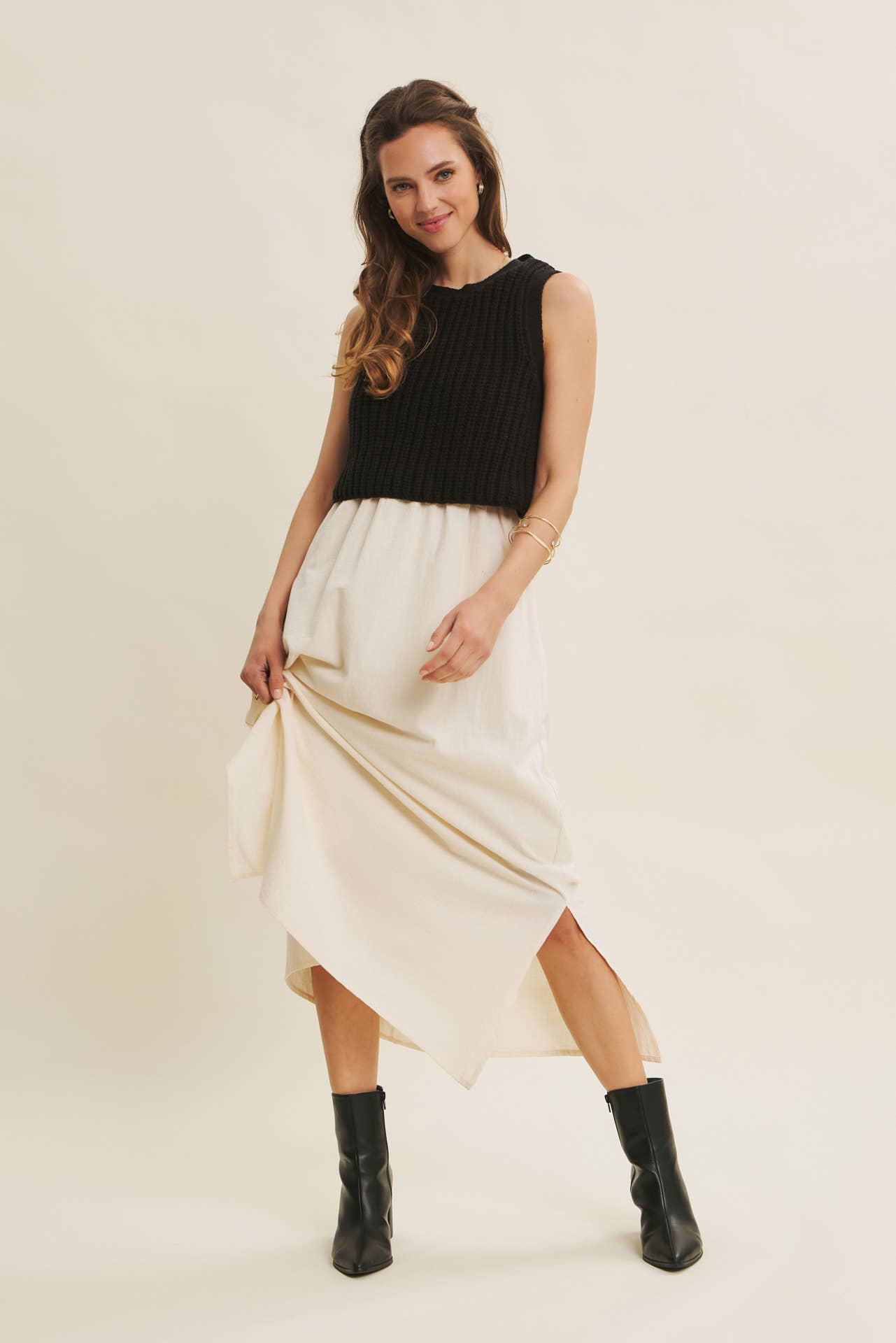 CHUNKY SWEATER TWOFER MIDI DRESS WITH POCKETS AND LINING