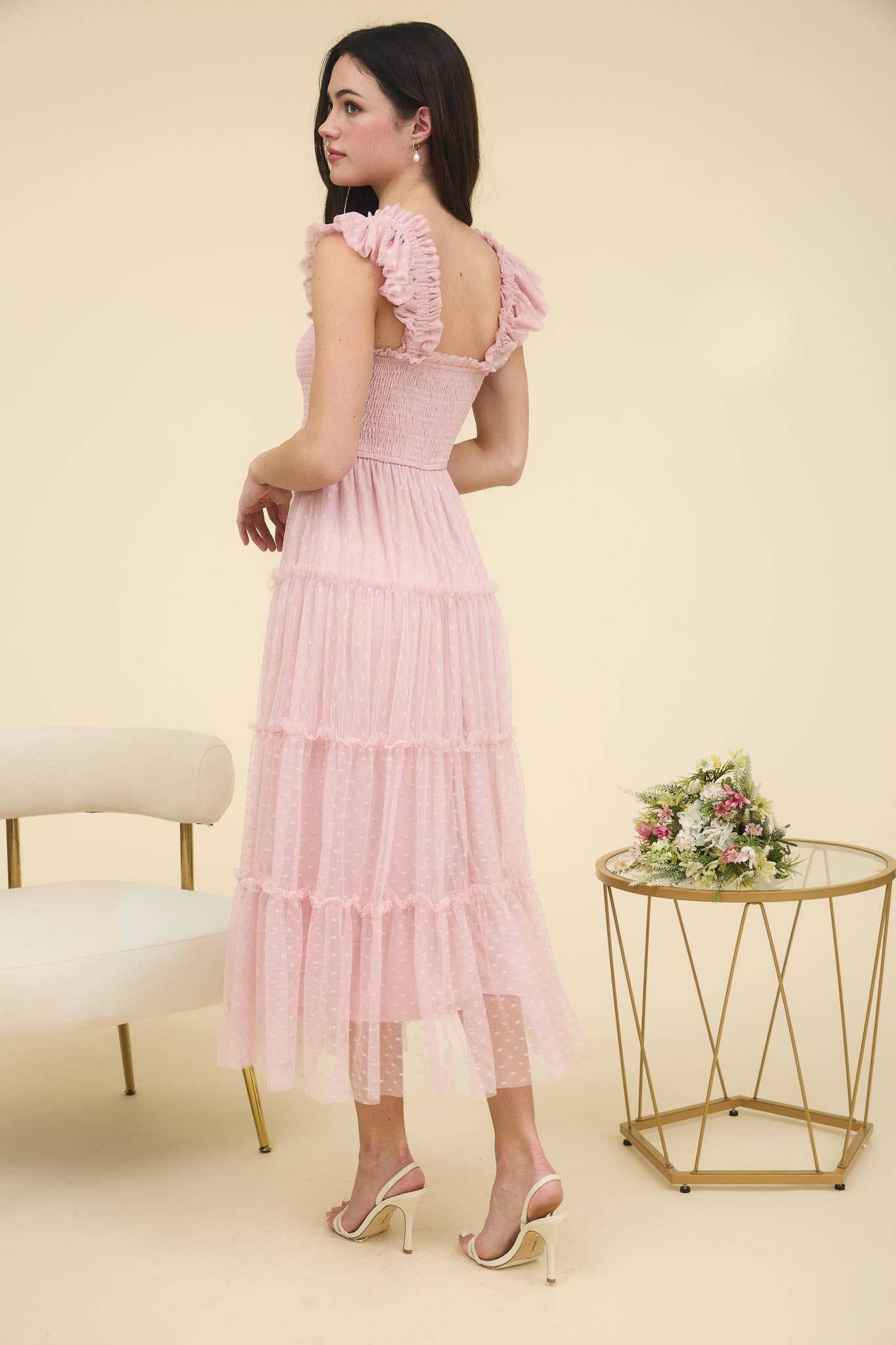 POLKA DOT CHIFFON SMOCKED TIERED MIDI DRESS