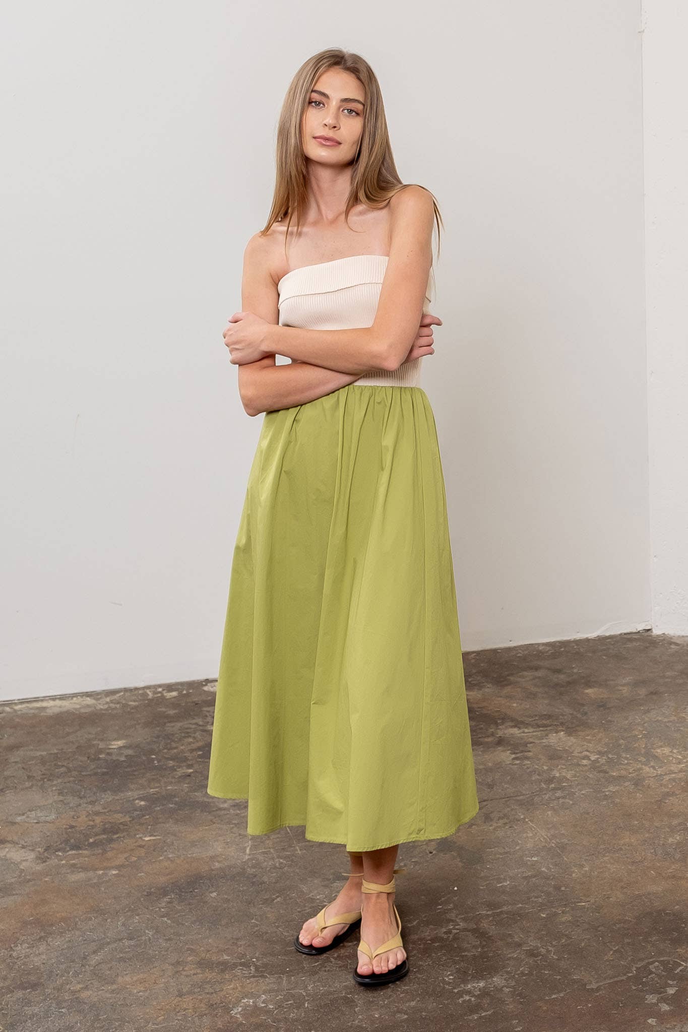 FOLD OVER STRAPLESS MIX MEDIA MIDI DRESS