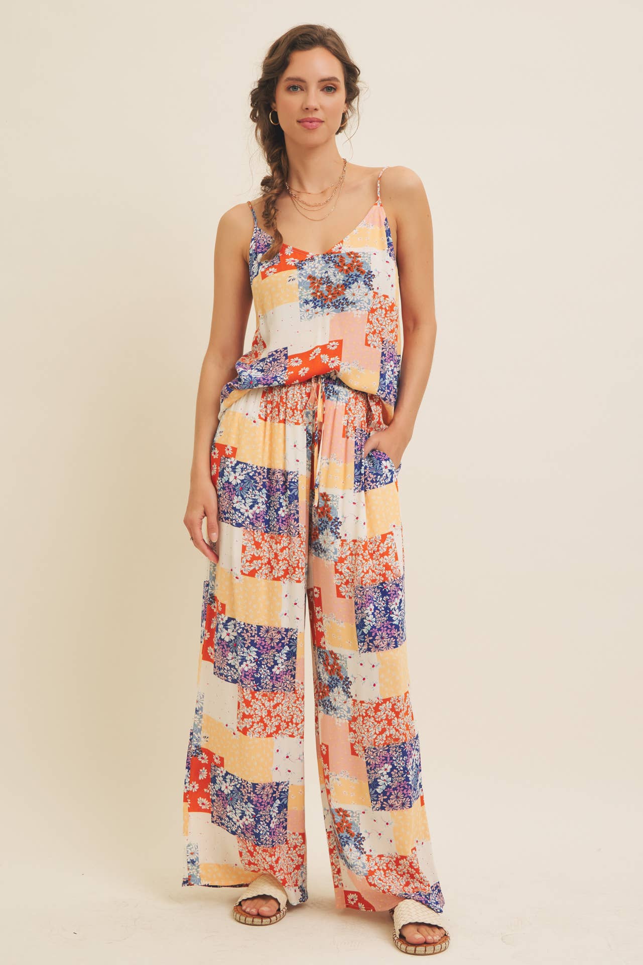 SOFT RAYON GAUZE FLORAL PATCHWORK WIDE LEG PANTS WITH POCKET