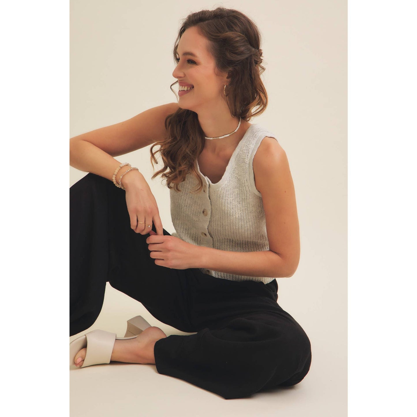 RIB SWEATER KNIT TANK TOP WITH BUTTON-DOWN FRONT
