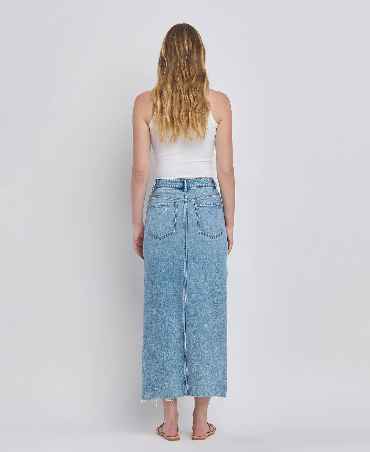 CRISS CROSS FRONT SLIT MAXI DENIM SKIRT