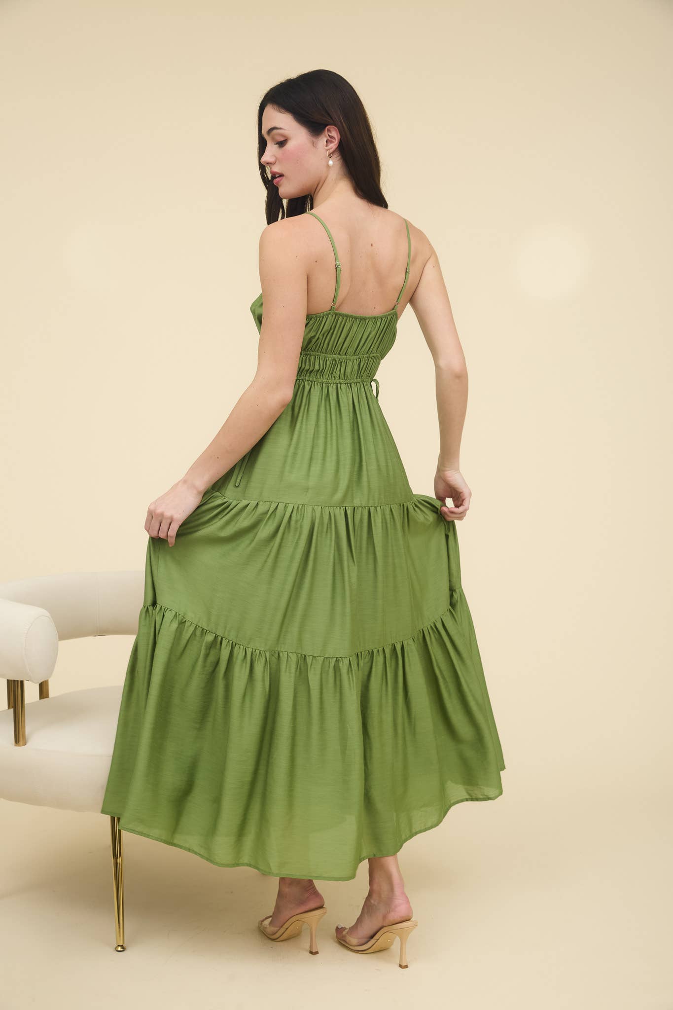 WAIST TIE SHIRRED TIERED MIDI DRESS