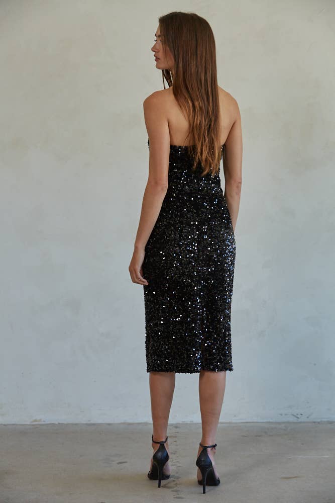 WOVEN SEQUIN TUBE MIDI DRESS